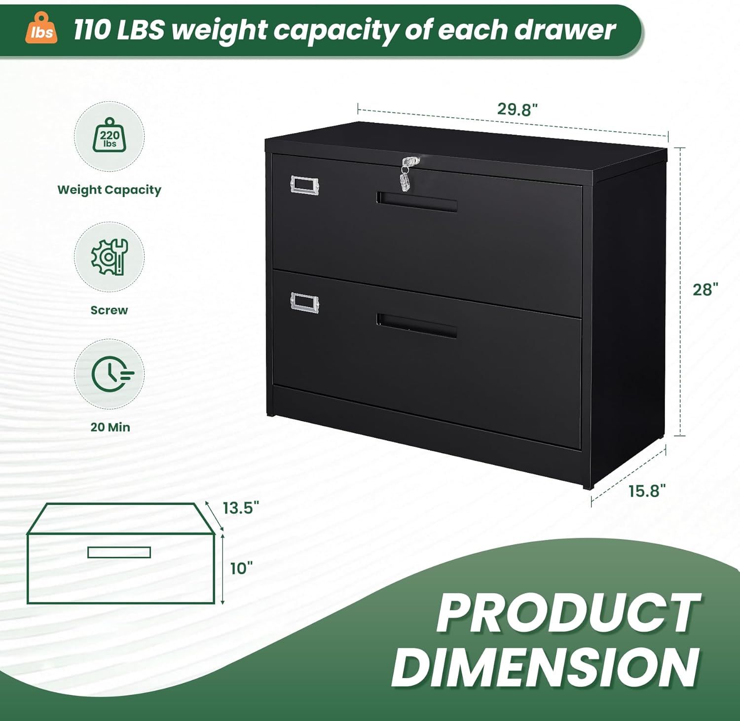Alternative view of Letaya Metal Lateral File Cabinets with Lock,2 Drawer Steel Wide Filing Organization Storage Cabinets,Home Office Furniture for Hanging Files Letter/Legal/F4 Size (Blcak-2 Drawer)