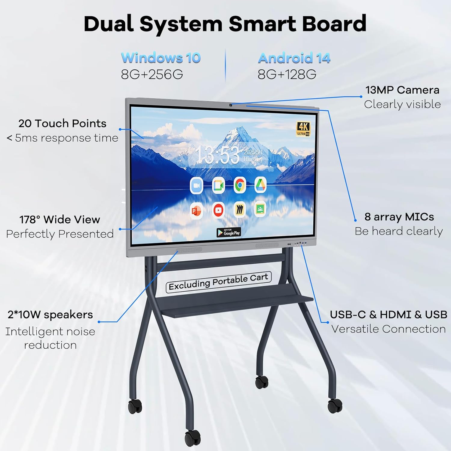 Alternative view of HLEC 55" Interactive Smart Board, 4K UHD Touchscreen Digital Whiteboard, Electronic All-in-One Computer for Classroom Home Office Studio Display, 20-Touch 13MP Camera(Wall Mount Included)