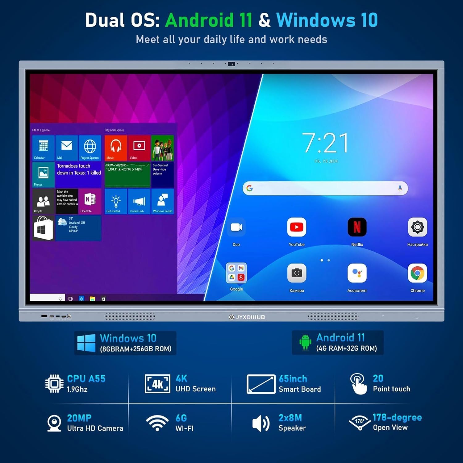 Alternative view of 65" Smart Board, 4K UHD Interactive Whiteboard All-in-One Touchscreen Electronic Smartboard Android 11&Windows 10 8+256GB 20MP Camera Digital White Boards for Classroom Office Home Business Boardroom