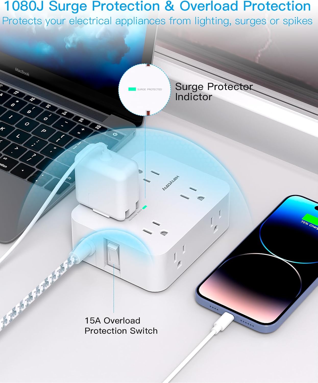 Alternative view of Surge Protector Power Strip - HANYCONY 8 Outlets 4 USB (2 USB C) Charging Ports, Multi Plug Outlet Extender, 5Ft Braided Extension Cord, Flat Plug Wall Mount Desk Charging Station for Home Office ETL