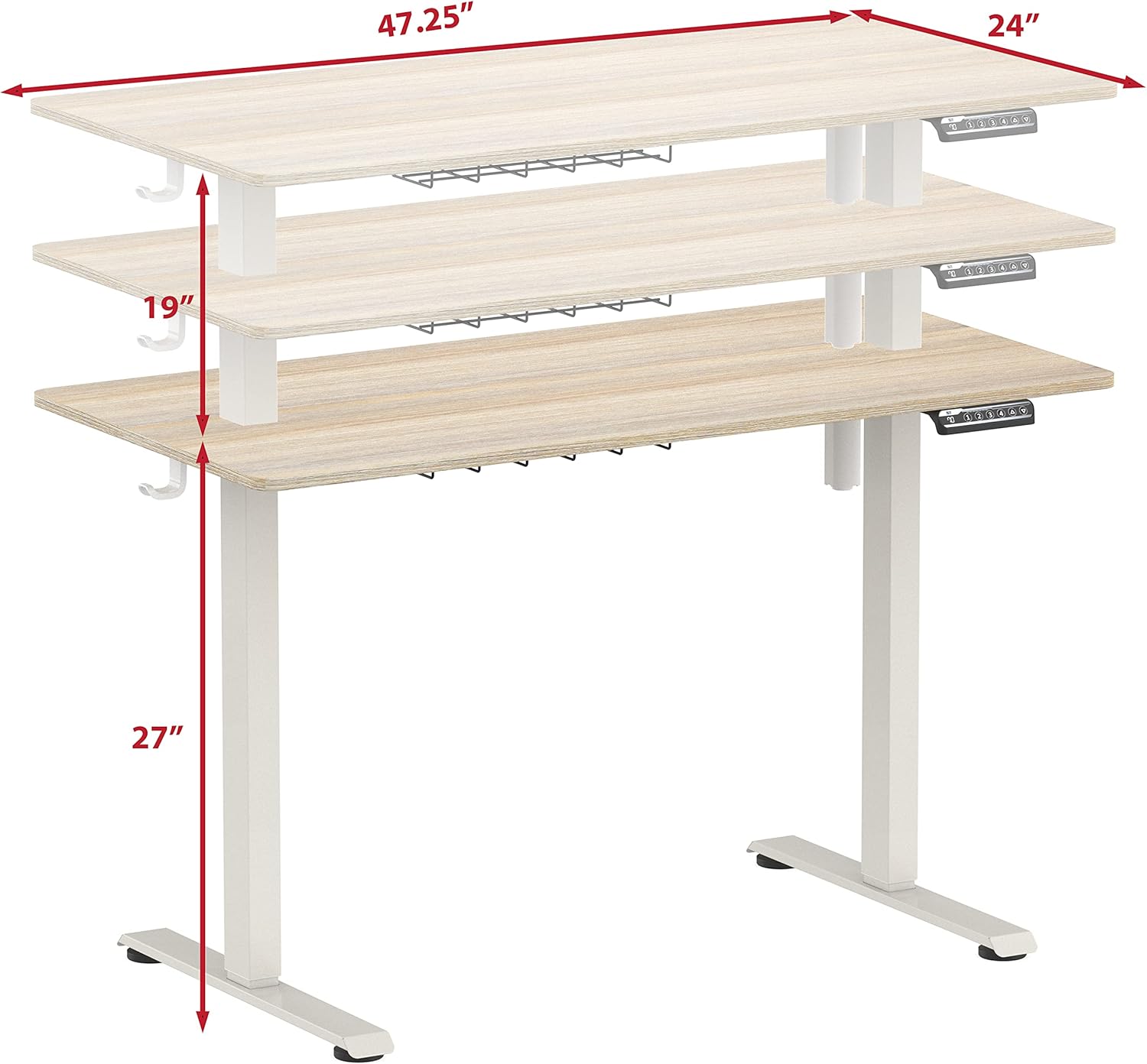 Alternative view of SHW 48-Inch Electric Height Adjustable Sit to Stand Desk with Hanging Hooks and Cable Management, White Frame and Maple Top