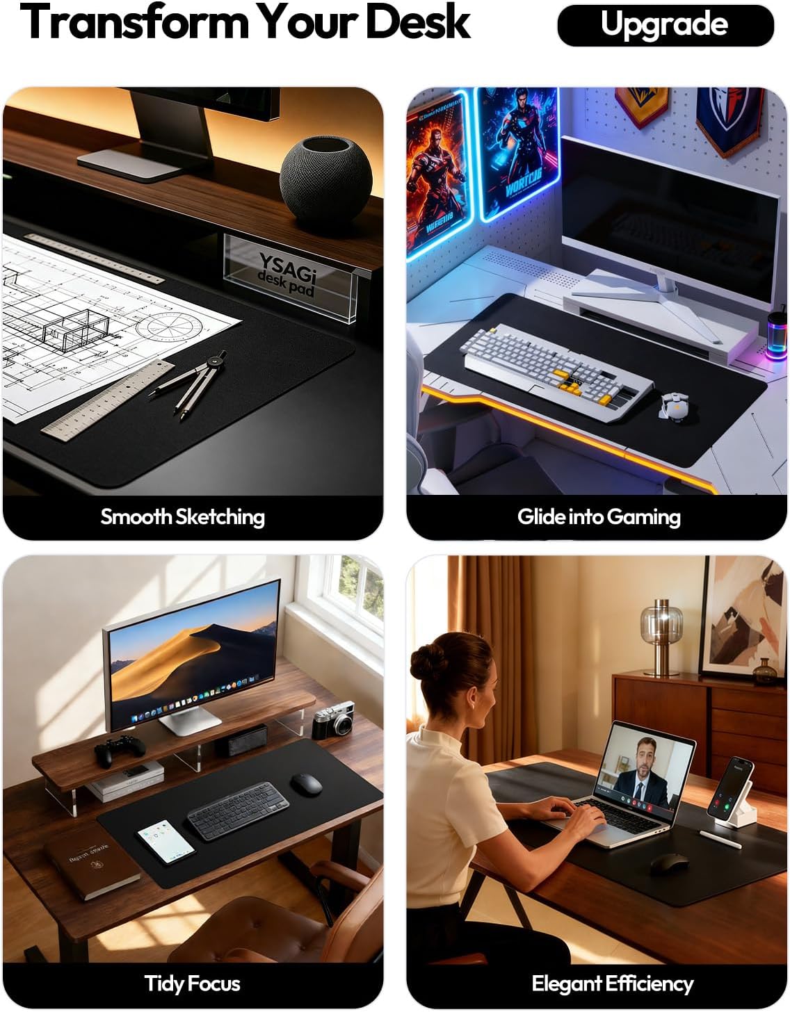 YSAGi Leather Office Desk Pad Protector, Large Mouse Pad, Non-Slip, PU Leather, Laptop Desk Blotter, Waterproof Writing Pad for Office and Home, Black, 23.6" x 13.8"