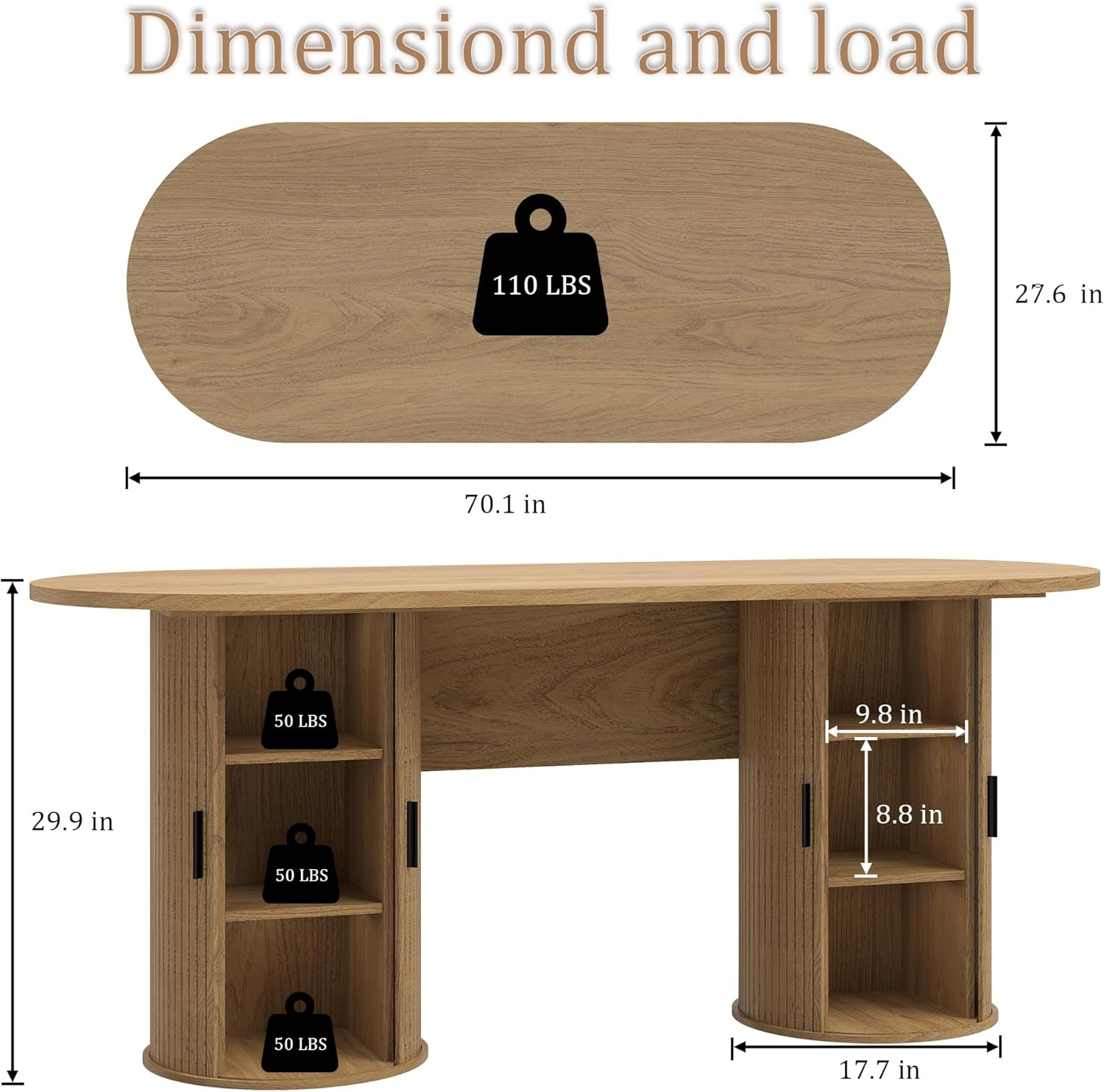 blini Executive Office Desk with Storage Fluted Wood Computer Desks with 2 Sliding Doors Mid Century Modern Oval Writing Table for Home Office, Study Room, Living Room