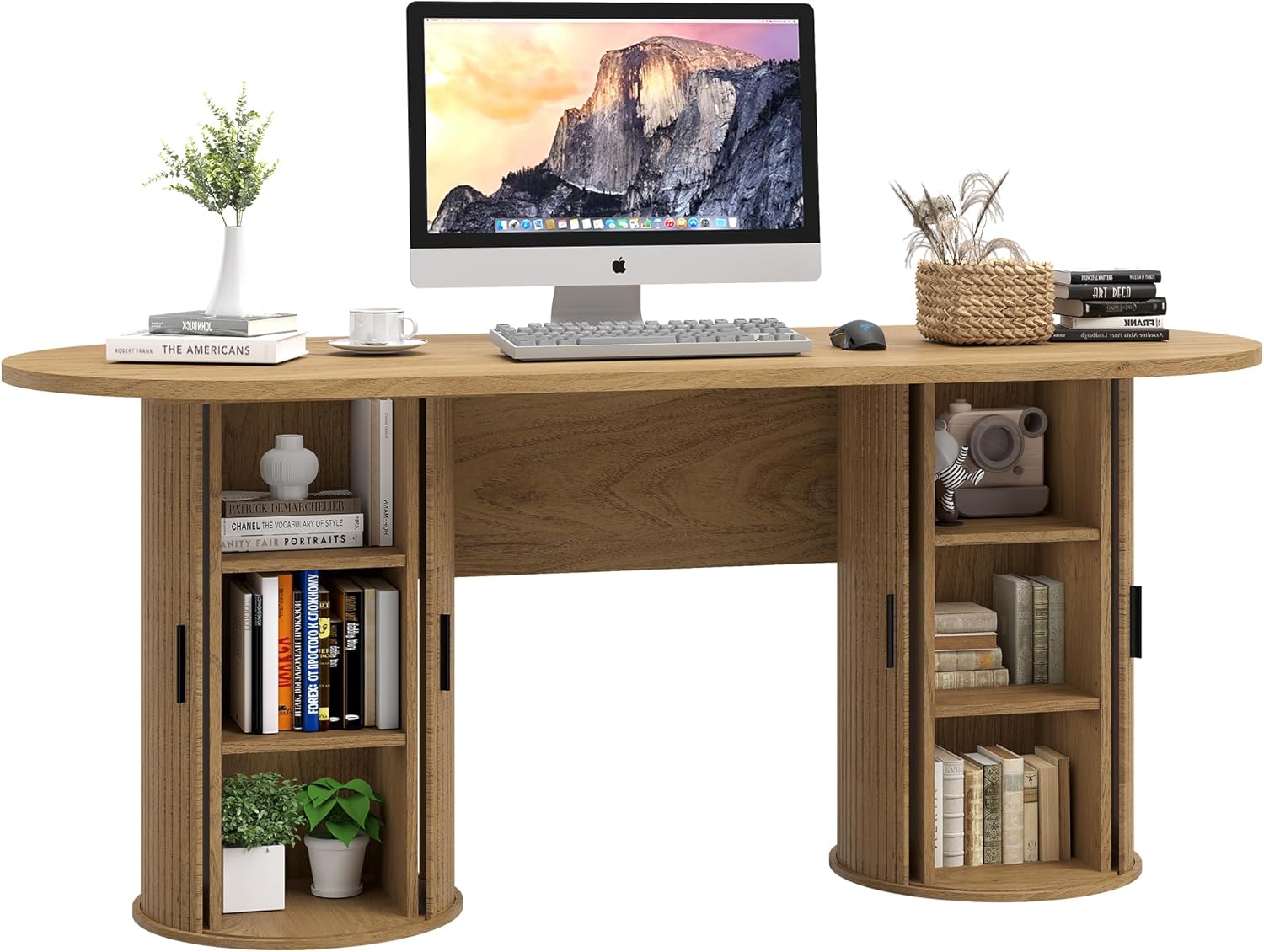 Alternative view of blini Executive Office Desk with Storage Fluted Wood Computer Desks with 2 Sliding Doors Mid Century Modern Oval Writing Table for Home Office, Study Room, Living Room
