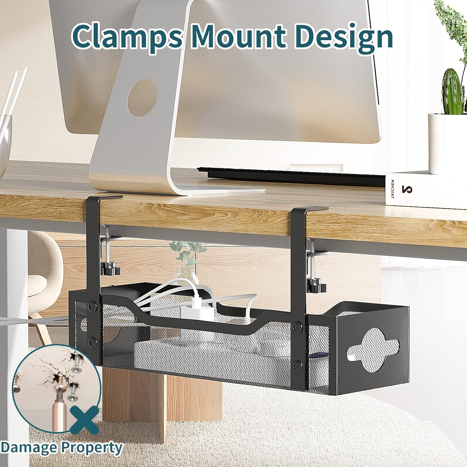 Under Desk Cable Management Tray No Drill, Metal Mesh Cable Management Under Desk with Clamp Mount, 2 Hole Cable Tray with Wire Management and Cord Organizer for Home Office Standing Desk