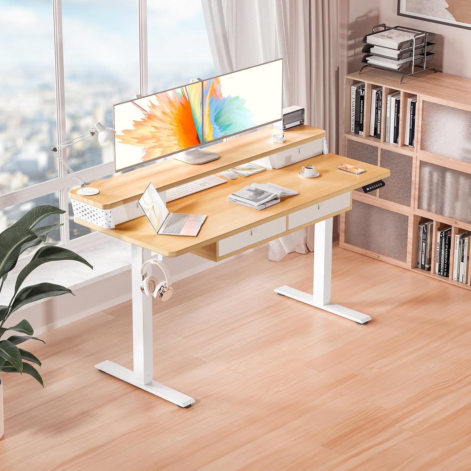 Kingant 48 x 24 Inch Electric Standing Desk with 4 Drawers, Height Adjustable Sit to Stand Computer Desk with Storage Shelf and C-Clamp Mount Compatibility for Home Office, Nature