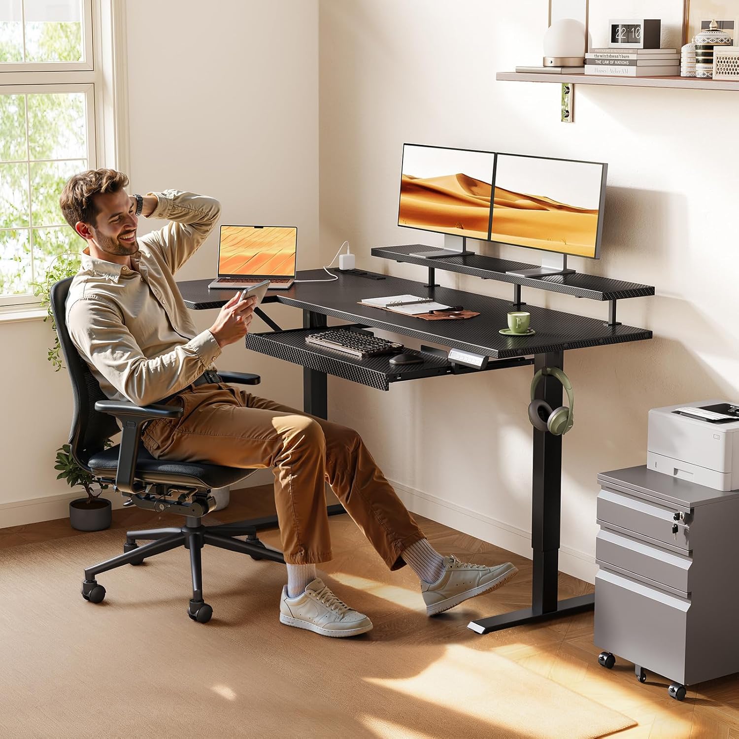 OffiGo 55 Inch L Shaped Electric Standing Desk with Keyboard Tray, Reversible Height Adjustable Corner Computer Desk with Monitor Stand, Sit Stand Up Lift Table for Home, Office, Carbon Fiber Black