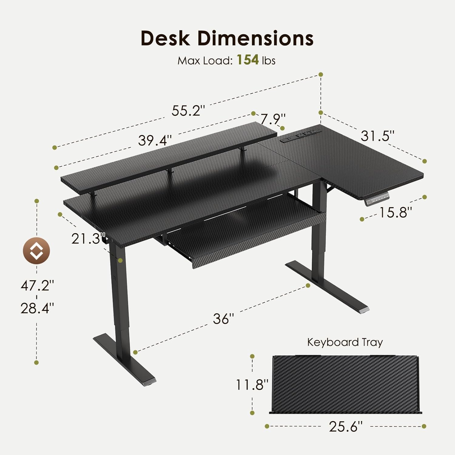 Alternative view of OffiGo 55 Inch L Shaped Electric Standing Desk with Keyboard Tray, Reversible Height Adjustable Corner Computer Desk with Monitor Stand, Sit Stand Up Lift Table for Home, Office, Carbon Fiber Black