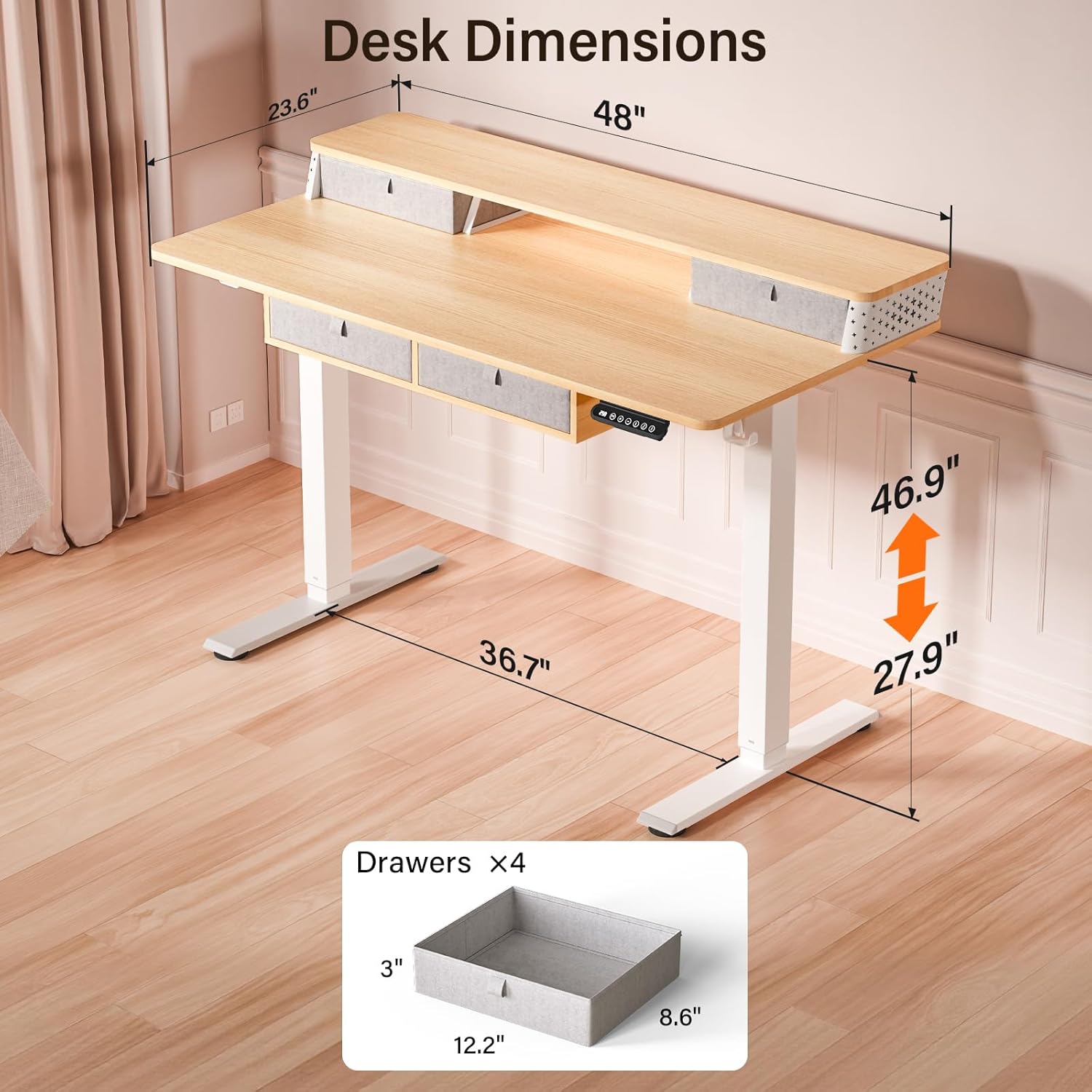 Alternative view of Kingant 48 x 24 Inch Electric Standing Desk with 4 Drawers, Height Adjustable Sit to Stand Computer Desk with Storage Shelf and C-Clamp Mount Compatibility for Home Office, Nature