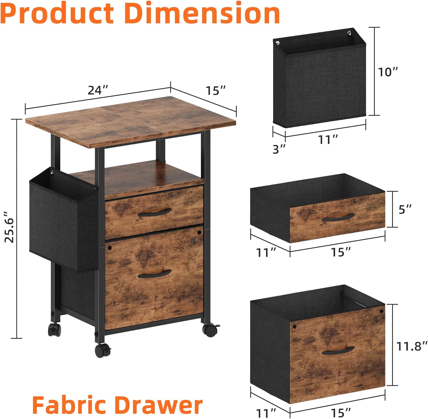 Alternative view of GYIIYUO 2 Drawer File Cabinet with 24'' Extended Desktop, Mobile Filing Cabinet, Rolling File Cabinet with Side Bag, Fabric Drawer, Fits A4/Letter Size, Printer Stand Home Office, Light Brown