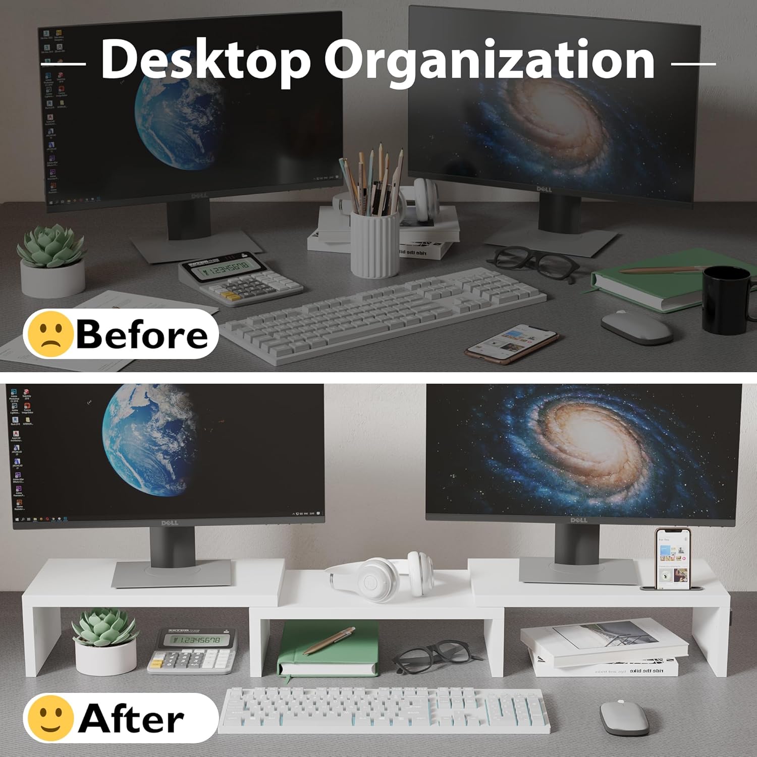 Alternative view of BONTEC Dual Monitor Stand Riser with Smartphone Holder, Adjustable Length & Swivel Angle, Ergonomic Wooden Desktop Organizer for PC Monitor, Laptop, Printer, Large Storage, White