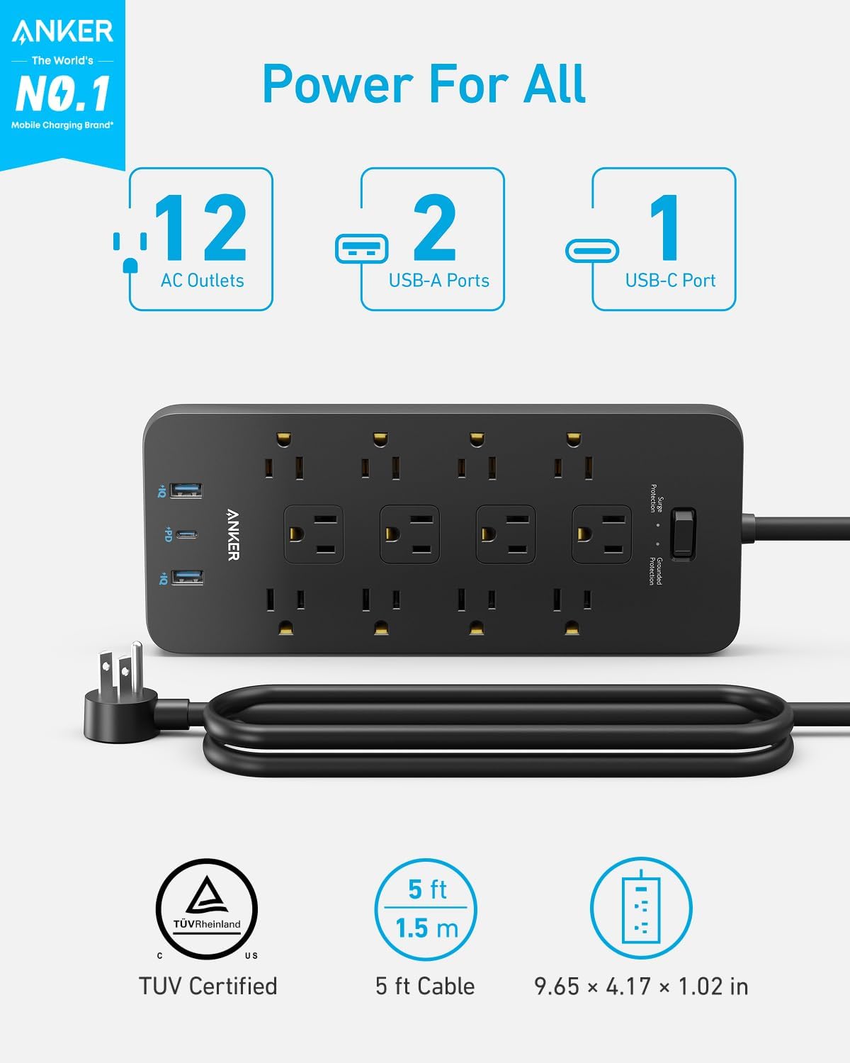 Anker Power Strip Surge Protector (2100J), 12 Outlets with 2 USB A and 1 USB C Port for Multiple Devices, 5ft Extension Cord, 20W Power Delivery Charging for Home, Office, Dorm Essential, TUV Listed