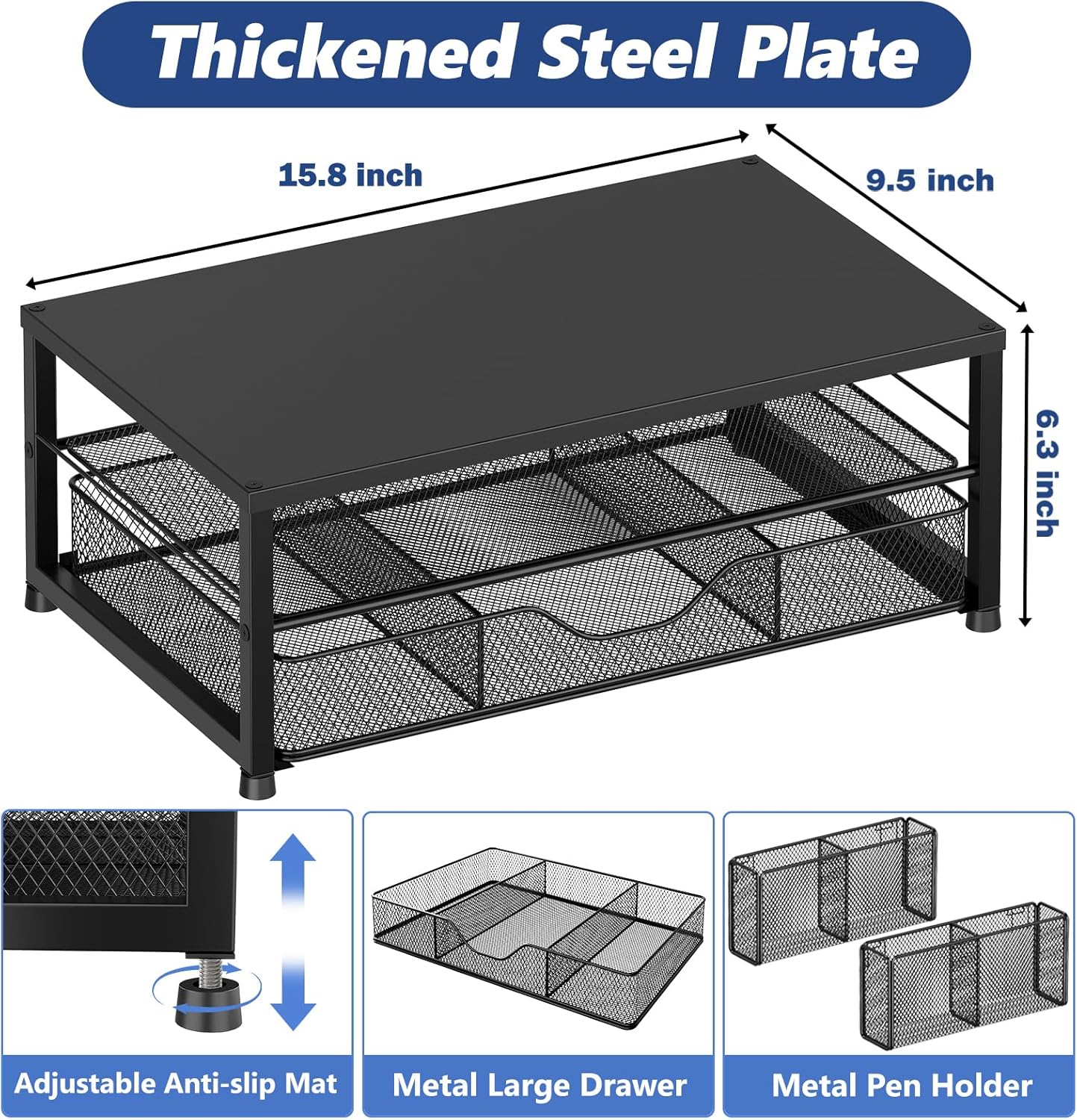 Alternative view of OPNICE Desk Organizer and Accessories, 2-Tier Computer Monitor Stand Riser with Drawer and 2 Pen Holders, Laptop Stand, Office Desk Accessories for Office Supplies, Black