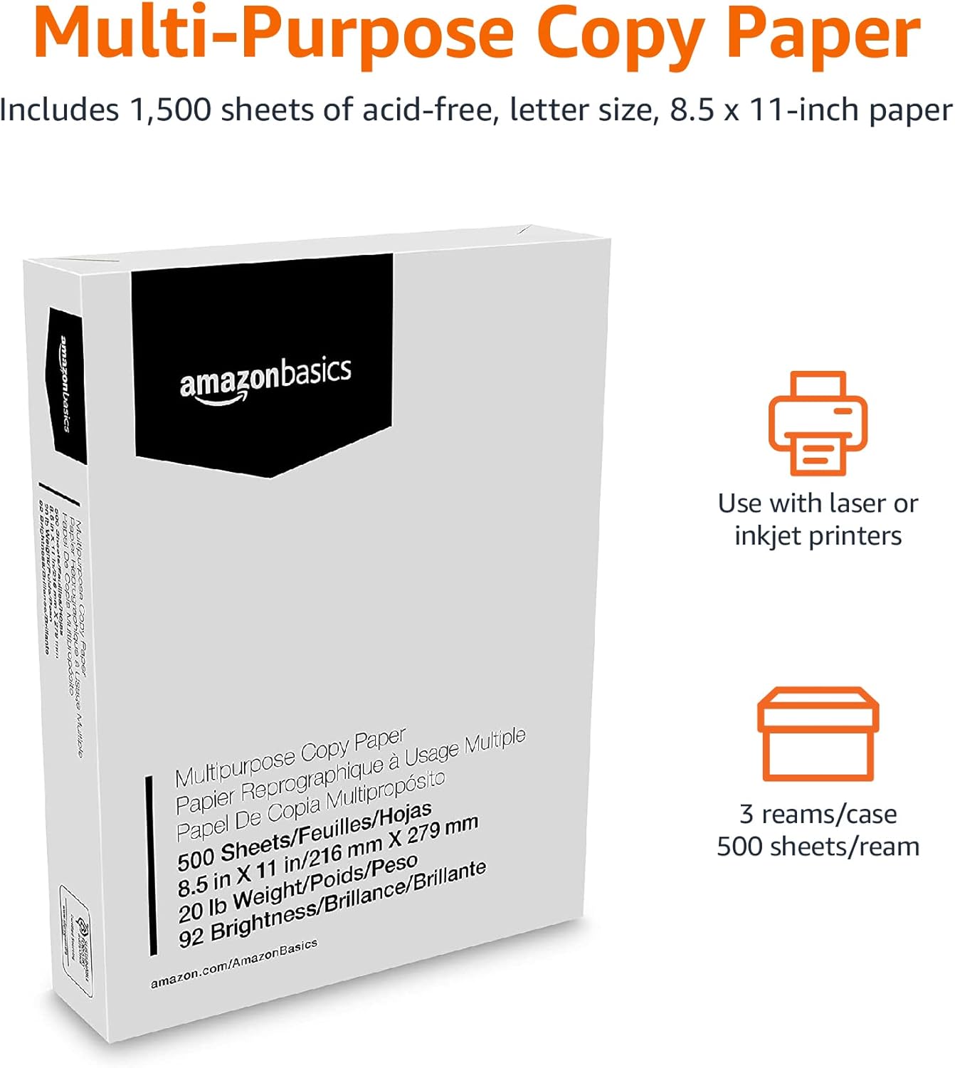 Alternative view of Amazon Basics Multipurpose Copy Printer Paper, 20 lb, 8.5 x 11 Inches, 3 Reams (1,500 Sheets), 92 Bright, White