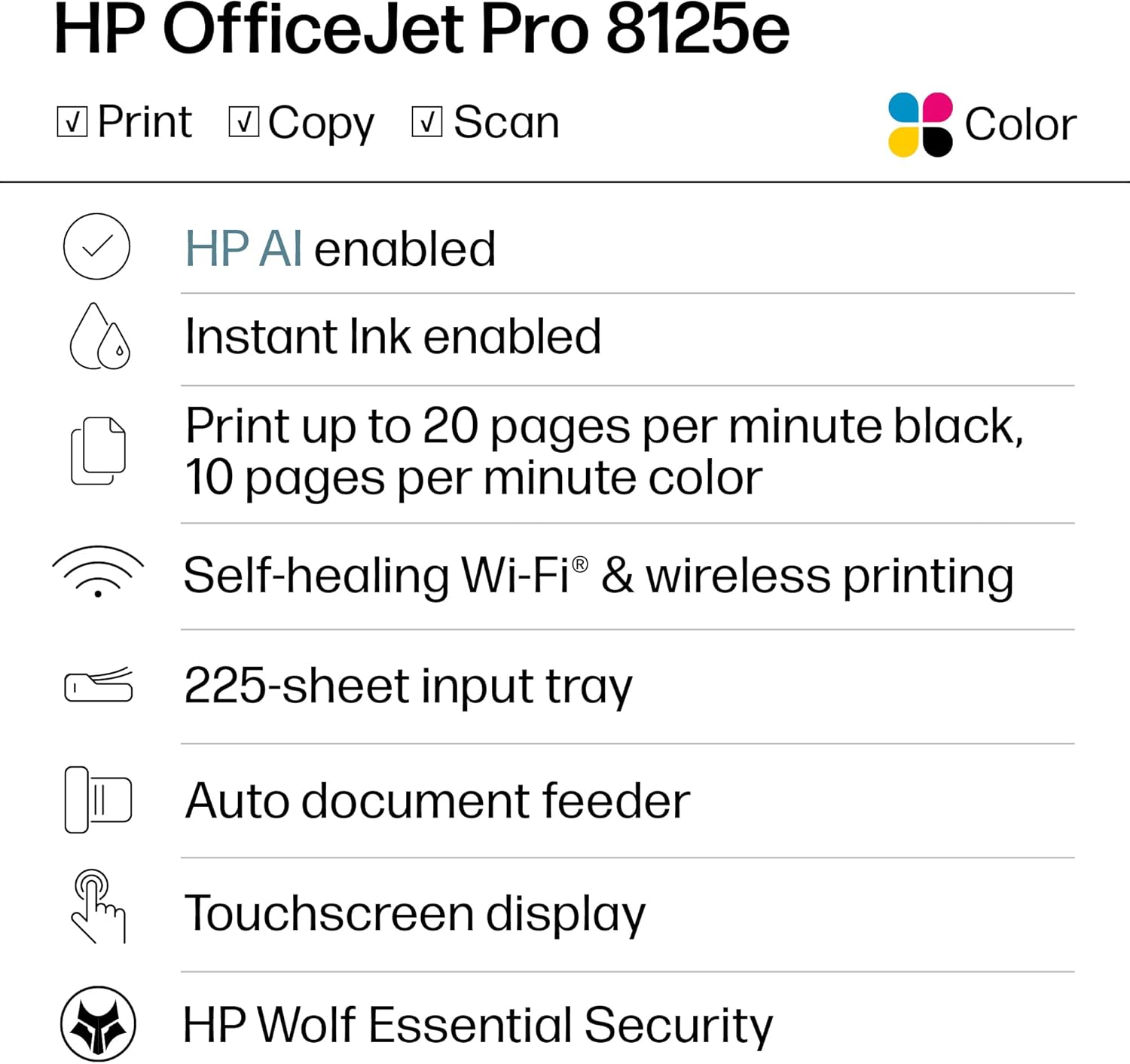 HP OfficeJet Pro 8125e Wireless All-in-One Color Inkjet Printer, Print, scan, Copy, ADF, Duplex Printing Best-for-Home Office, 3 Month Instant Ink Trial Included, AI-Enabled (405T6A)
