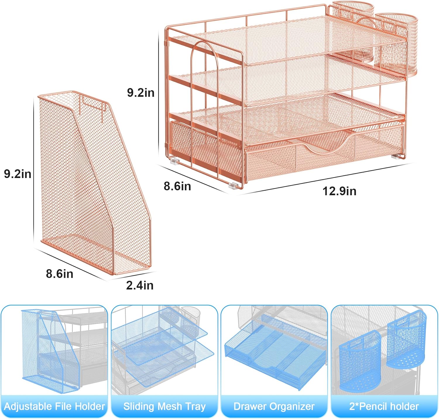 Alternative view of gianotter Desk Organizers and Accessories with File Holder, 4-Tier Desk Accessories & Workspace Organizers with Drawer and 2 Pen Holder, Paper Organizer for Office Supplies (Rose Gold)
