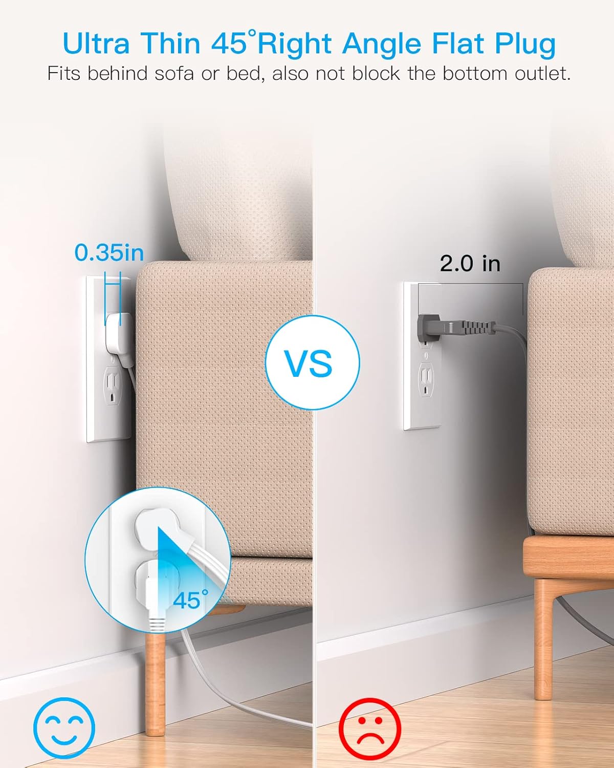 Alternative view of Surge Protector Power Strip, HANYCONY Extension Cord with Multiple Outlets, 5 Ft Ultra Thin Flat Plug 8 Outlets 4 USB Ports(2USB C), 1080J Outlet Extender for Home Office College Dorm Room Essentials