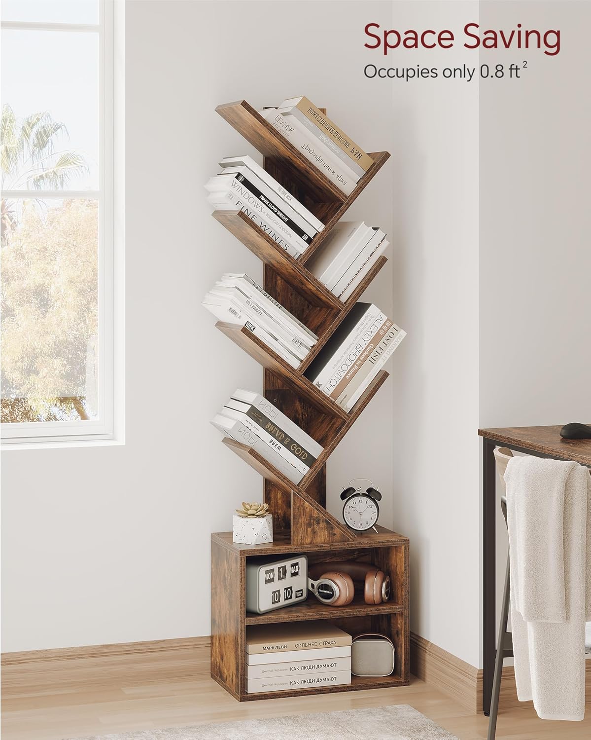Alternative view of SUNMORY 6 Tier Tree Bookshelf, Small Bookcase with Storage Cabinet, Modern Tall Narrow Bookshelves Organizer, Floor Standing Book Shelf for Bedroom/Living Room/Home Office/Corner, Rustic Brown