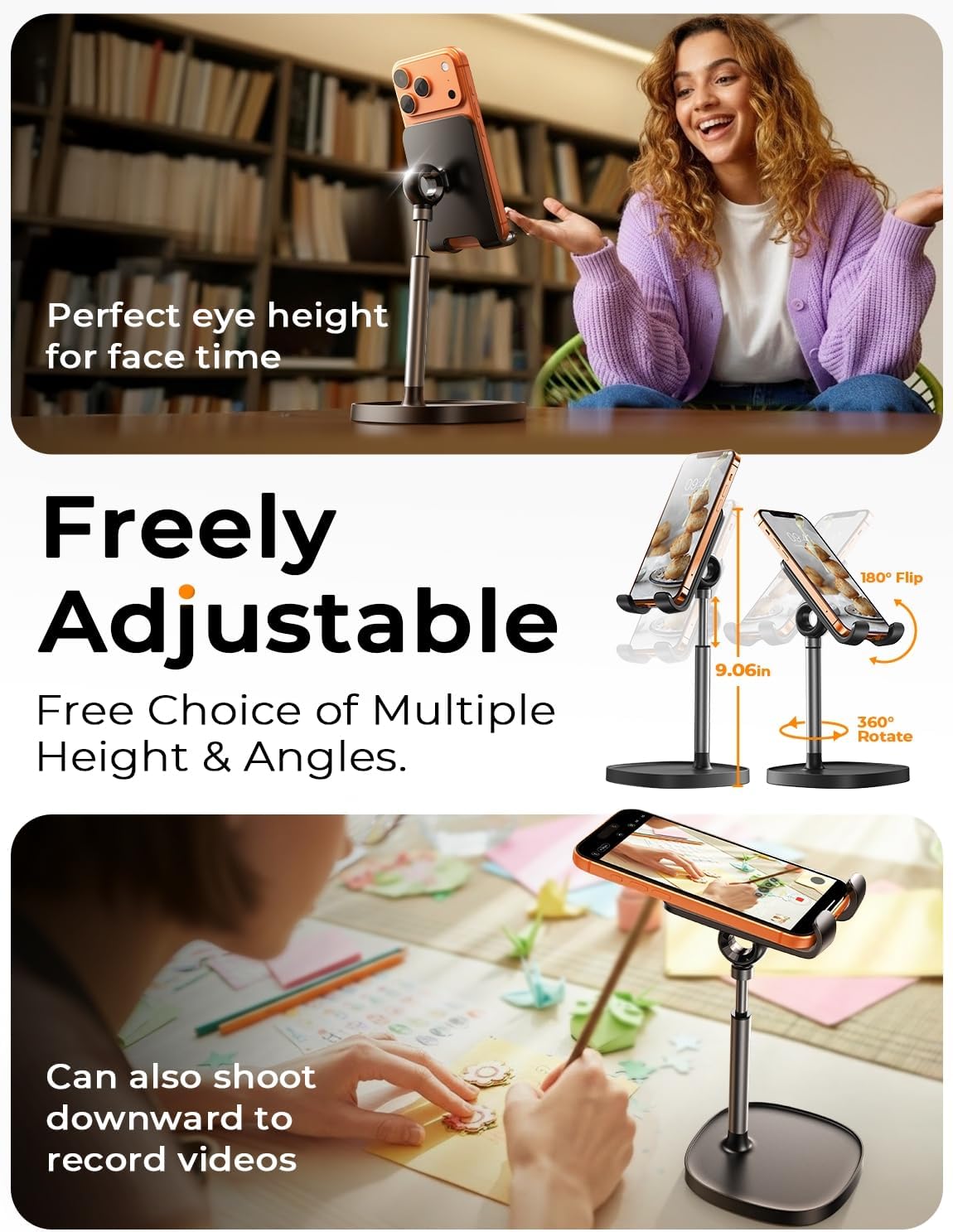 LISEN Cell Phone Stand Phone Holder for Desk Recording Office, Women Office Desk Accessories Gifts PC Gaming Essentials iPhone Stand Gadgets Fit OtterBox Case Switch iPad Air Tablet 4-10 in