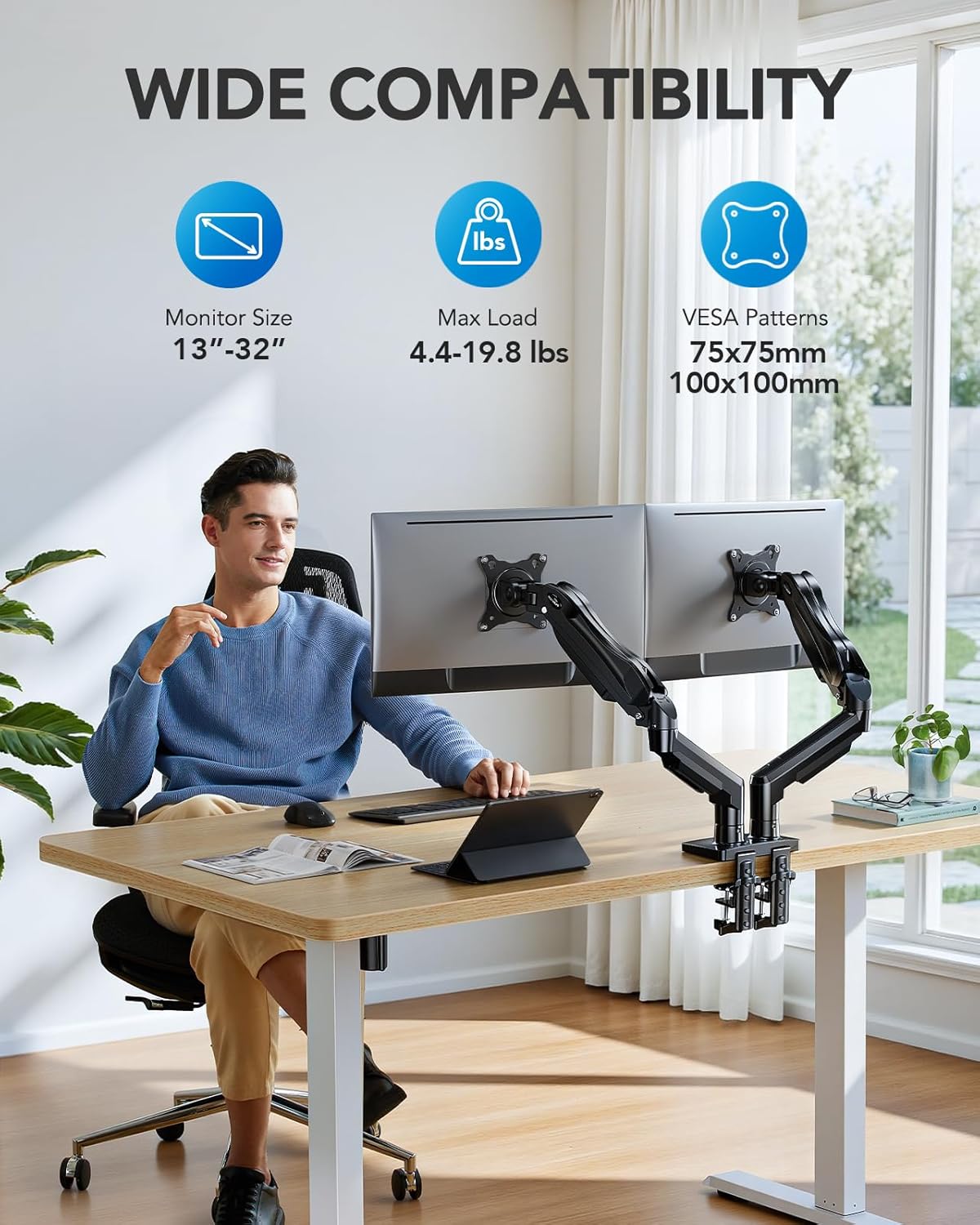 HUANUO Dual Monitor Stand, Fully Adjustable Gaming Monitor Desk Mount for 13u201332u2033 Computer Screens, Full Motion VESA 75x75/100x100 with C-Clamp & Grommet Base, Each Arm Holds 4.4 to 19.8 lbs