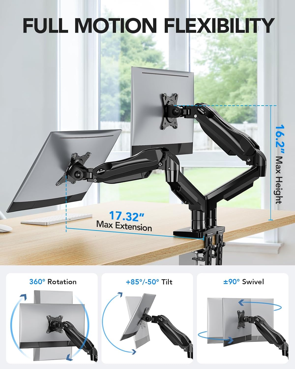 Alternative view of HUANUO Dual Monitor Stand, Fully Adjustable Gaming Monitor Desk Mount for 13u201332u2033 Computer Screens, Full Motion VESA 75x75/100x100 with C-Clamp & Grommet Base, Each Arm Holds 4.4 to 19.8 lbs
