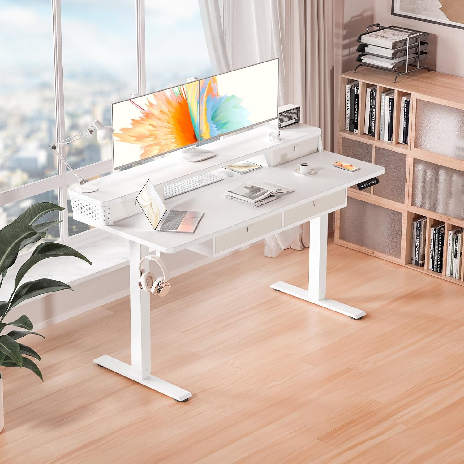 Kingant 48 x 24 Inch Electric Standing Desk with 4 Drawers, Height Adjustable Sit to Stand Computer Desk with Storage Shelf and C-Clamp Mount Compatibility for Home Office, White
