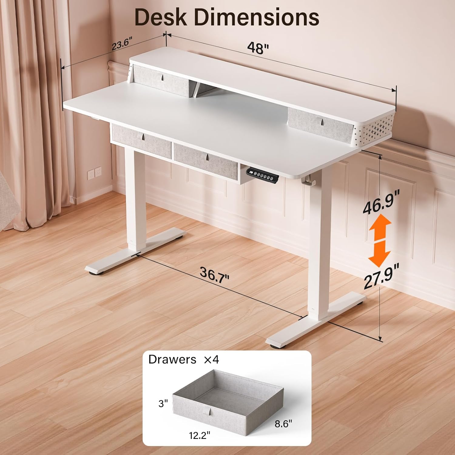 Alternative view of Kingant 48 x 24 Inch Electric Standing Desk with 4 Drawers, Height Adjustable Sit to Stand Computer Desk with Storage Shelf and C-Clamp Mount Compatibility for Home Office, White