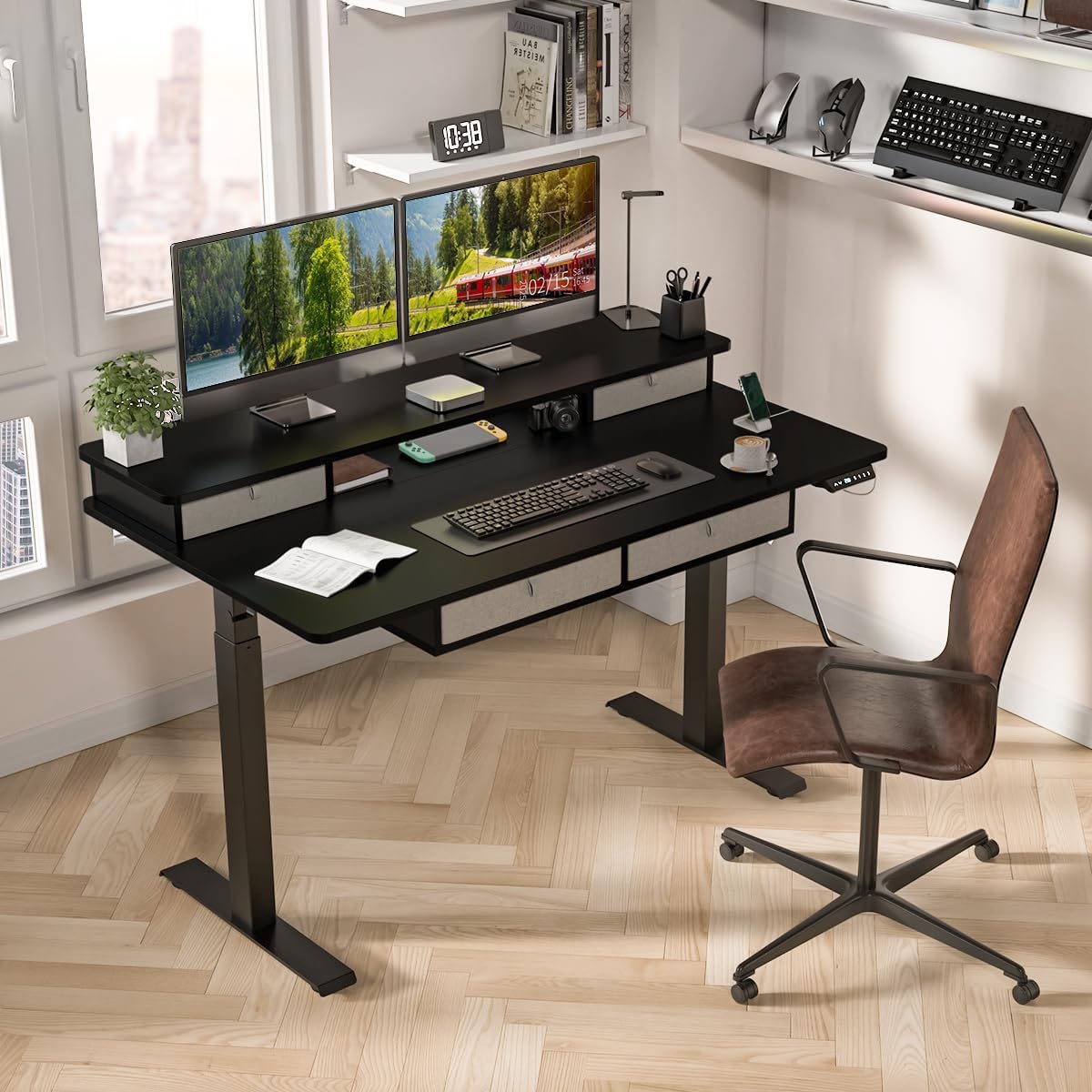 Kingant 55 x 30 Inch Electric Standing Desk with 4 Drawers, Adjustable Height Computer Desk for Home Office, Large Workstation Sit Stand Up Desk with Built-in USB A/C Charging Ports, Black