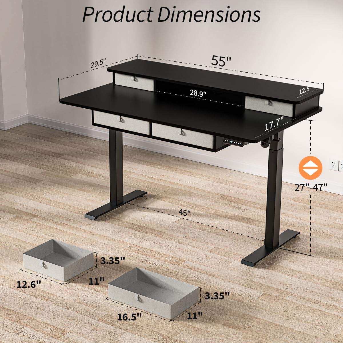 Alternative view of Kingant 55 x 30 Inch Electric Standing Desk with 4 Drawers, Adjustable Height Computer Desk for Home Office, Large Workstation Sit Stand Up Desk with Built-in USB A/C Charging Ports, Black
