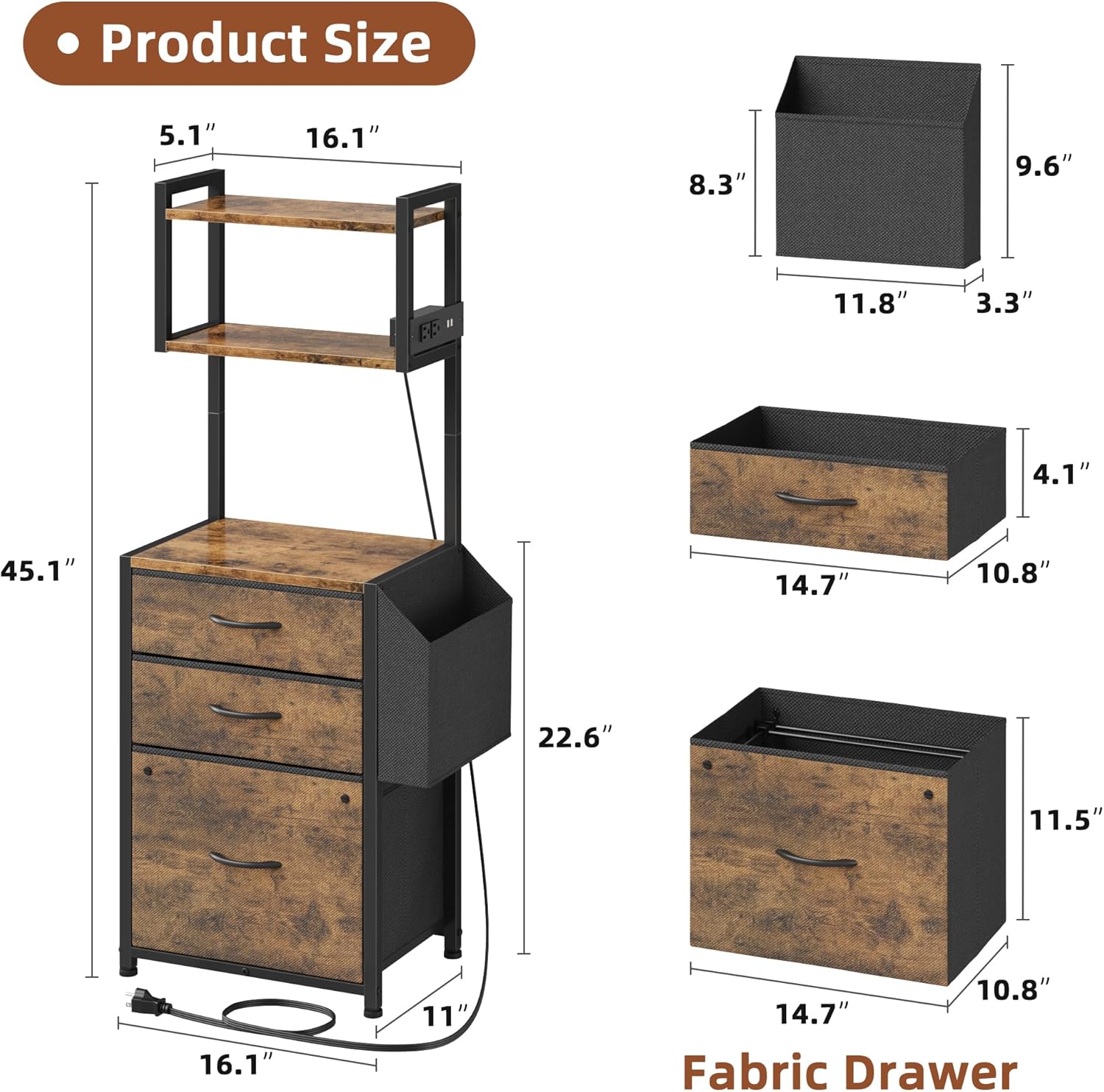 HIGDBFE Small 3 Drawer File Cabinet with Charging Station, 45''H, 3-Tier Filing Cabinet for Home Office, 11''*16'' for Small Printer, Fabric Drawer Fits Letter/A4, Tall Printer Stand, Rustic Brown
