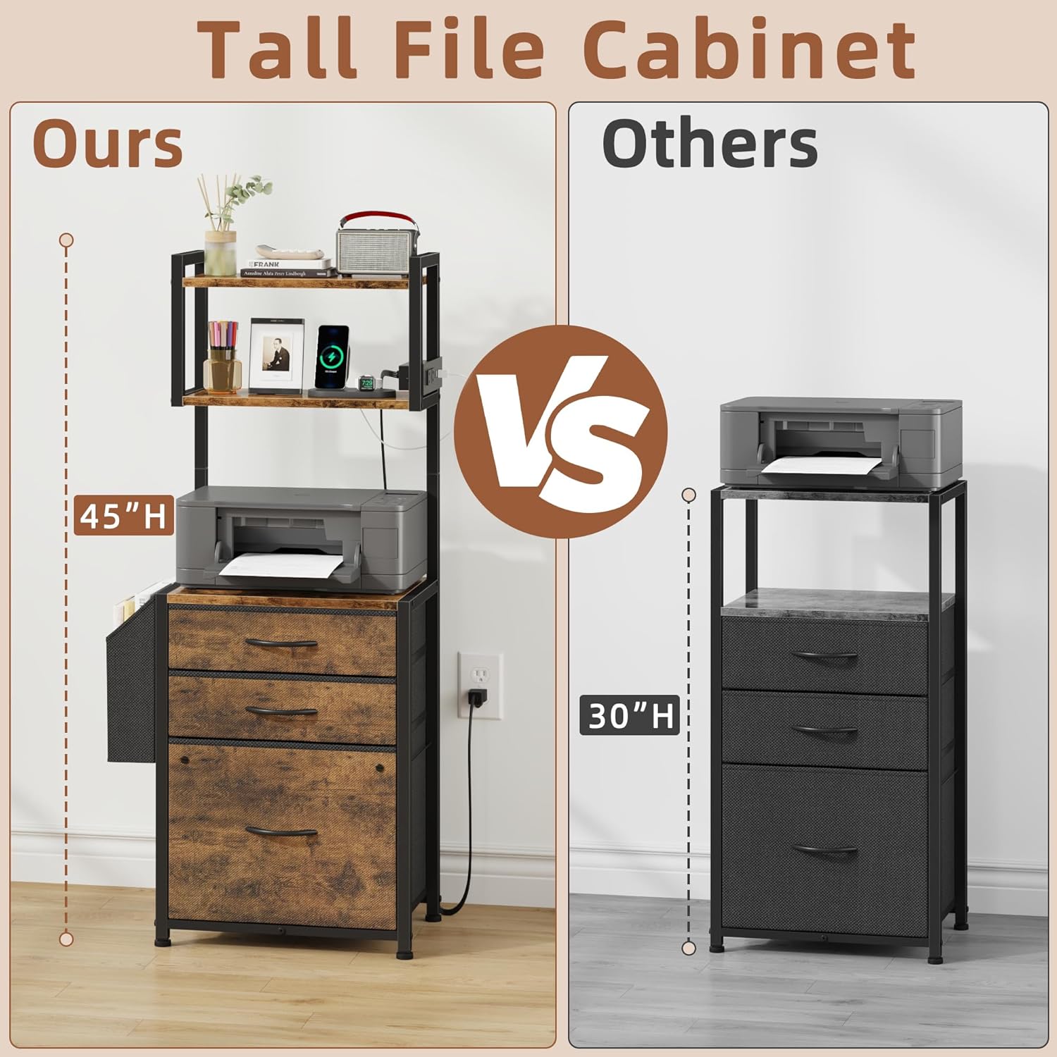 Alternative view of HIGDBFE Small 3 Drawer File Cabinet with Charging Station, 45''H, 3-Tier Filing Cabinet for Home Office, 11''*16'' for Small Printer, Fabric Drawer Fits Letter/A4, Tall Printer Stand, Rustic Brown
