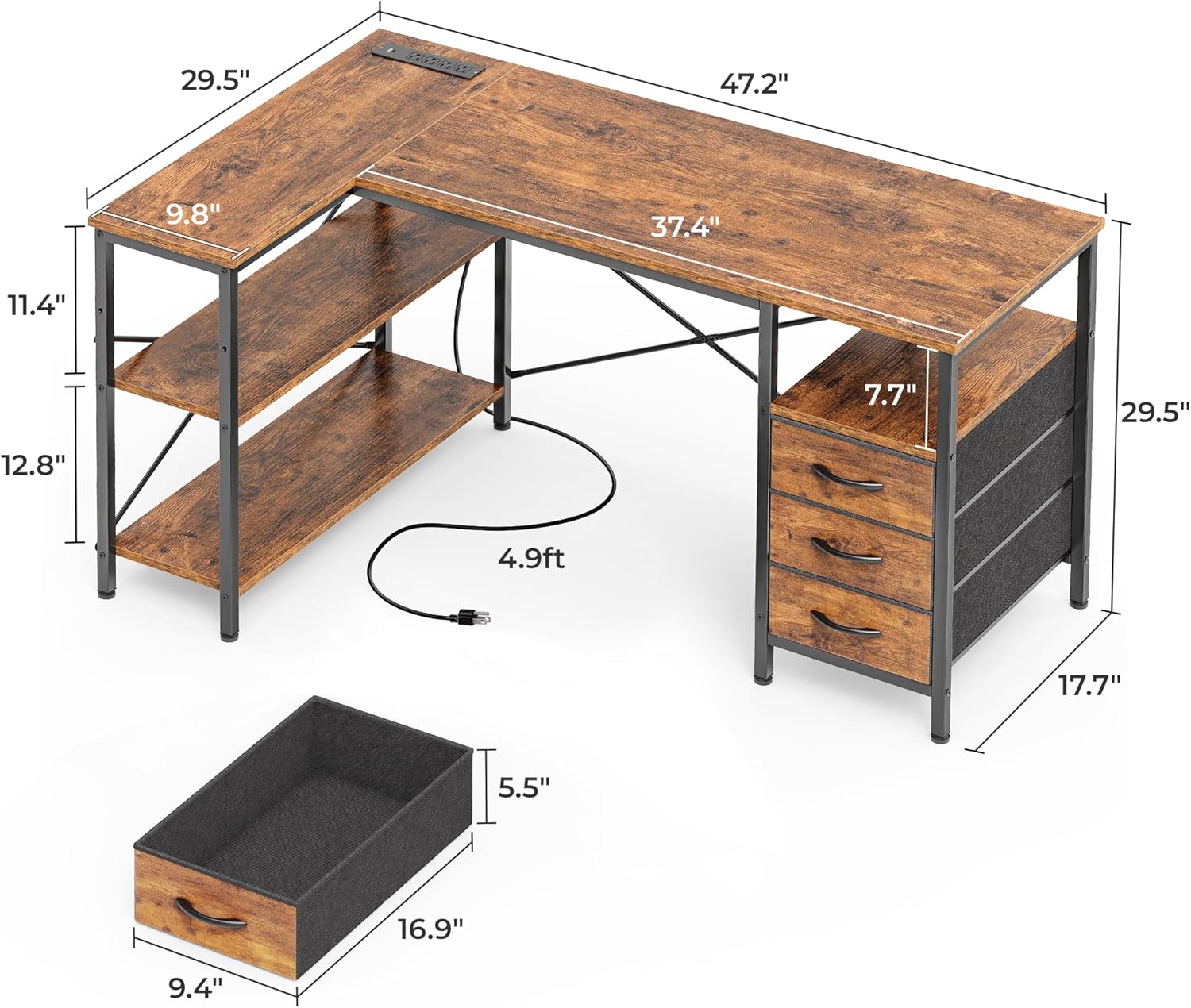 Alternative view of Huuger L Shaped Office Desk with Power Outlets, 47 Inch Computer Desk with 3 Drawers, Shelves, for Gaming, Corner Work, Home Office, Study, Rustic Brown
