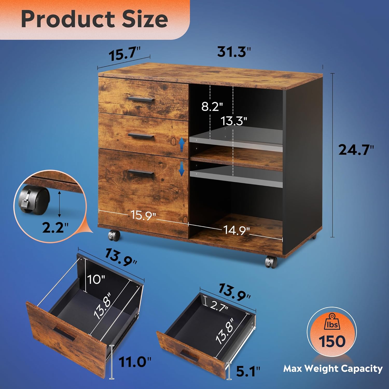 Alternative view of DEVAISE 3 Drawer Mobile File Cabinet, Wood Lateral Filing Cabinet, Printer Stand with Open Shelves for Home Office, Rustic Brown