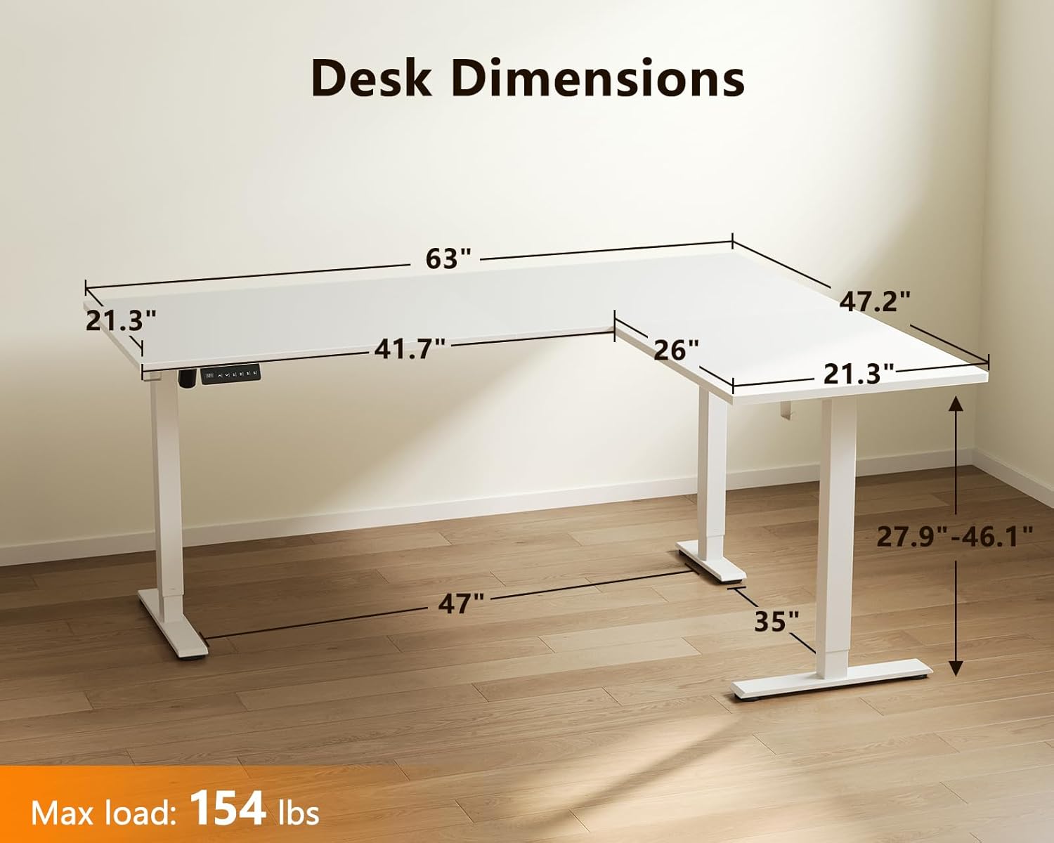 Alternative view of Casaottima 63 Inch Electric L-Shaped Standing Desk, Reversible Corner Desk with Height Adjustment, Large Ergonomic Workstation for Home Office, Reception Room, White