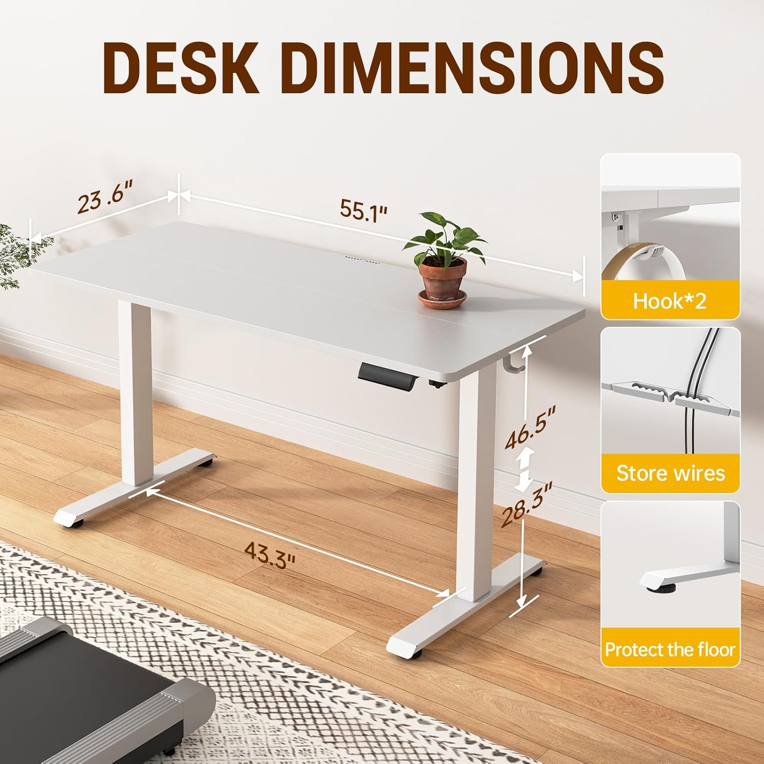 Alternative view of Veken 55 Inch Large Electric Standing Desk,Sit to Stand Up, Heights Adjustable, Work Home Office Computer Table for Study, Walking Pad, Writing, and Games, Wooden Desktop Desks, White