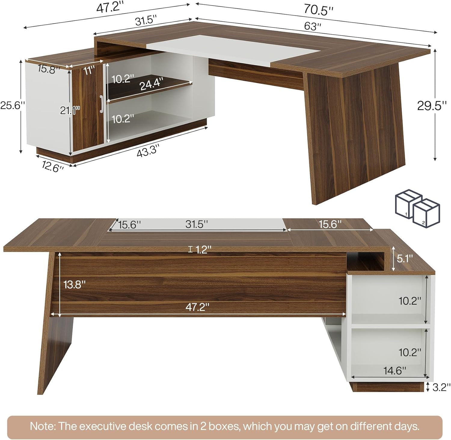 Tribesigns L-Shaped Executive Office Desk, 70.5-Inch Mid-Century Modern Executive Desk with Storage Cabinet and Shelves, Large Computer Desk for Home Office, Brown + White