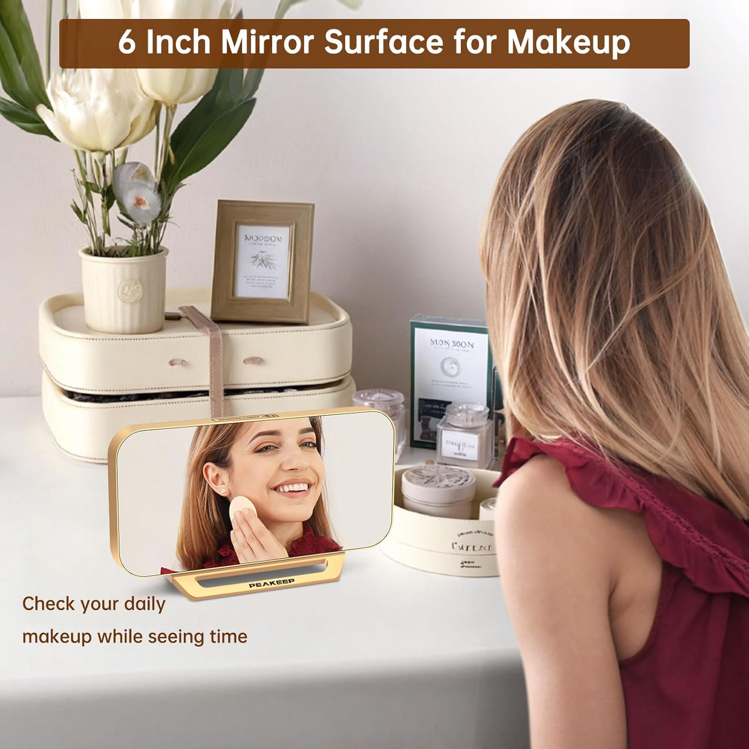 Alternative view of Peakeep Slim Digital Mirror Aesthetic Alarm Clock for Bedrooms Desk Decor - Plug in Electric Big LED Modern Small Clock for Office Living Room, Battery Backup, 6 Dimmers (Gold)