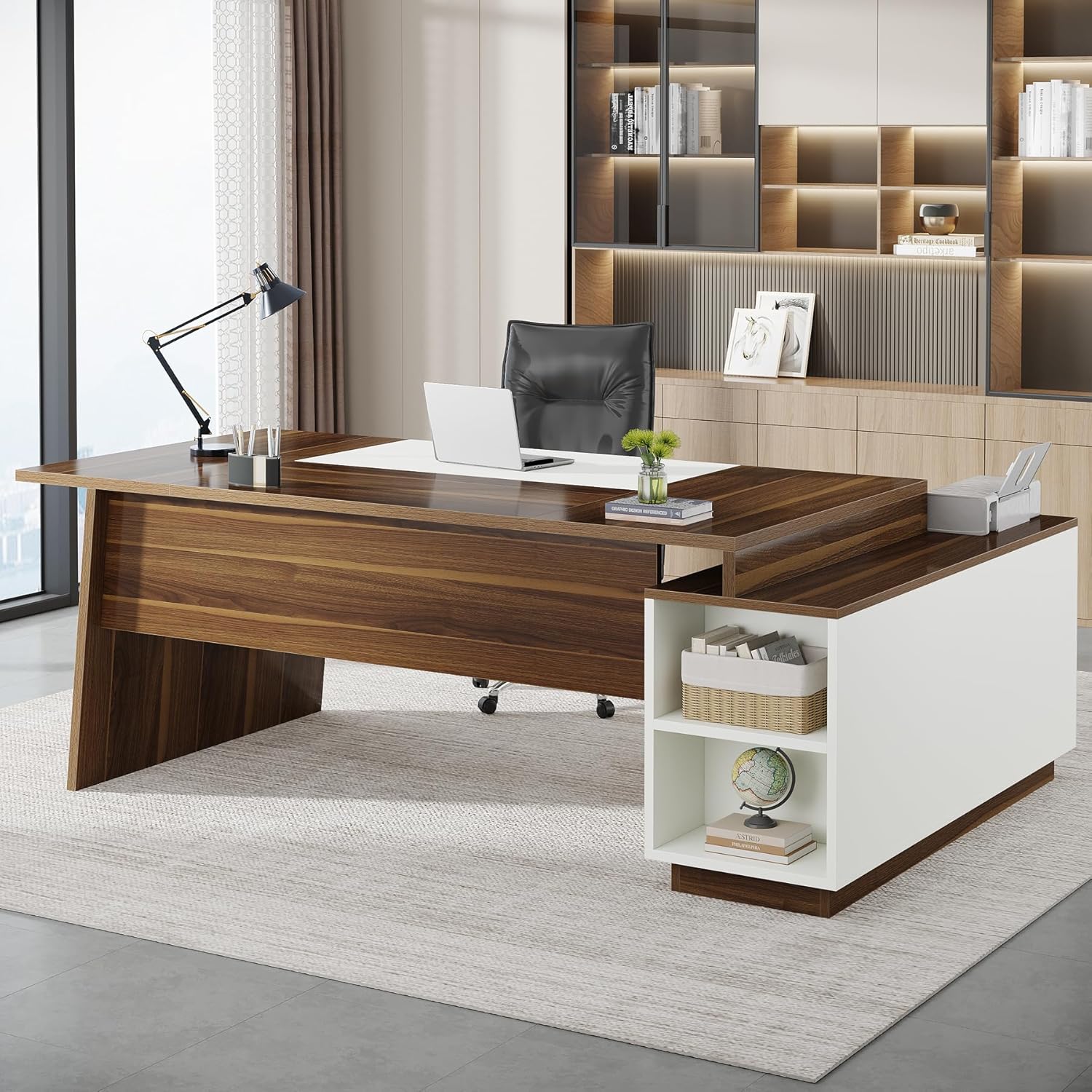 Alternative view of Tribesigns L-Shaped Executive Office Desk, 70.5-Inch Mid-Century Modern Executive Desk with Storage Cabinet and Shelves, Large Computer Desk for Home Office, Brown + White