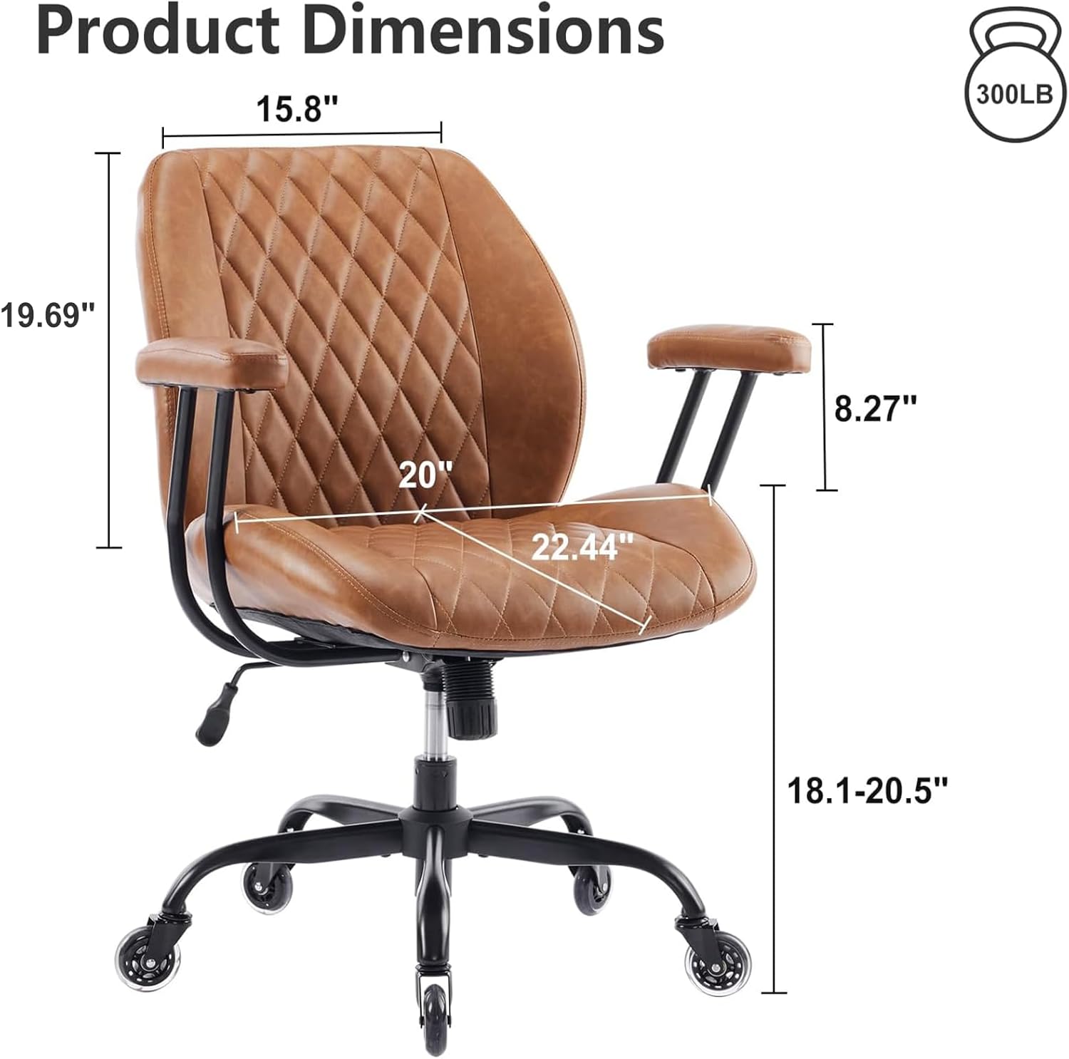 YFO Home Office Desk Chair Office Rubber Casters Ergonomic Computer Chair with Lumbar Support Adjustable Height Rolling Swivel Executive Task Armrests Chair， Brown Leather