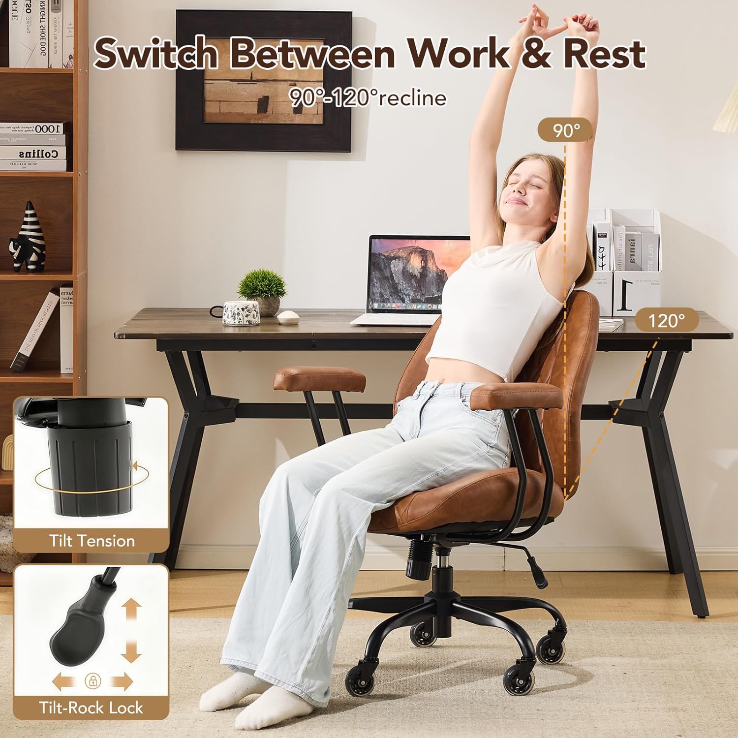 Alternative view of YFO Home Office Desk Chair Office Rubber Casters Ergonomic Computer Chair with Lumbar Support Adjustable Height Rolling Swivel Executive Task Armrests Chair， Brown Leather