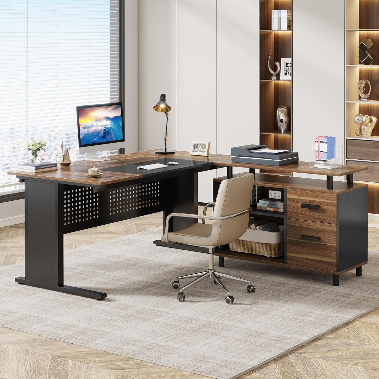 Alternative view of Tribesigns 63 Inch Executive Desk with File Cabinet, Large Office Desk L Shaped Computer Desk with Drawers and Storage Shelves, Business Furniture Desk Workstation for Home Office, Brown and Black