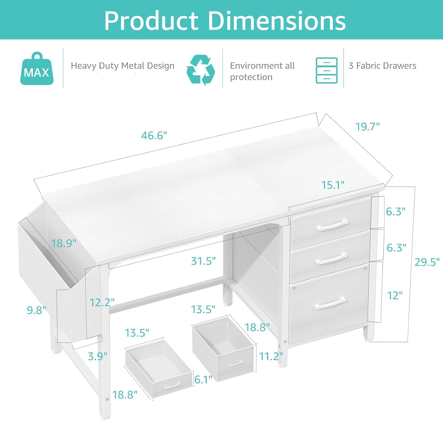 Alternative view of Lufeiya White Desk with Fabric File Drawers Cabinet, 47 Inch Reversible Computer Desk with Filing Cabinet for Bedroom Small Space Home Office, Modern Writing Table PC Desks, White