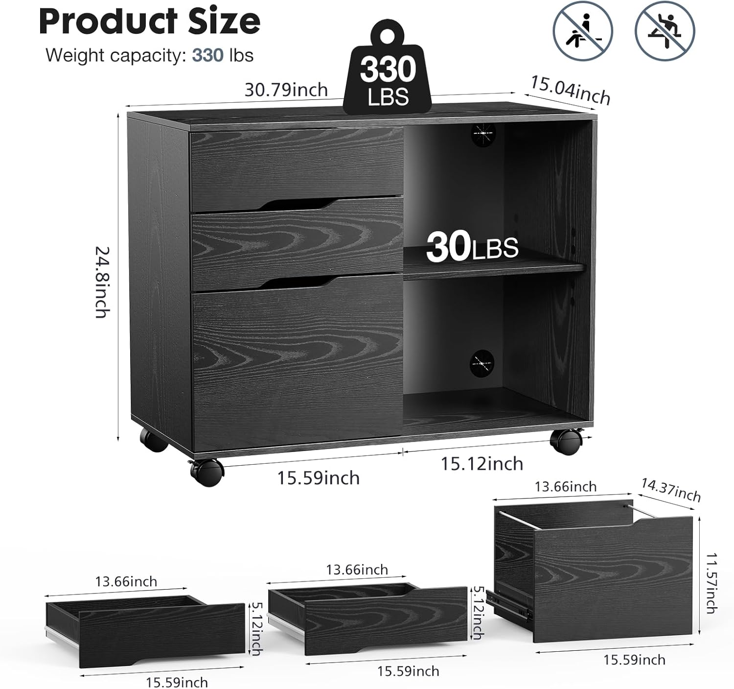 Alternative view of DUMOS Lateral File Cabinet with 3 Drawers Rolling Filing Cabinets Under Desk Storage Printer Stand Wood Organizer with Wheels Adjustable Shelf for Office Home Small Space, Black