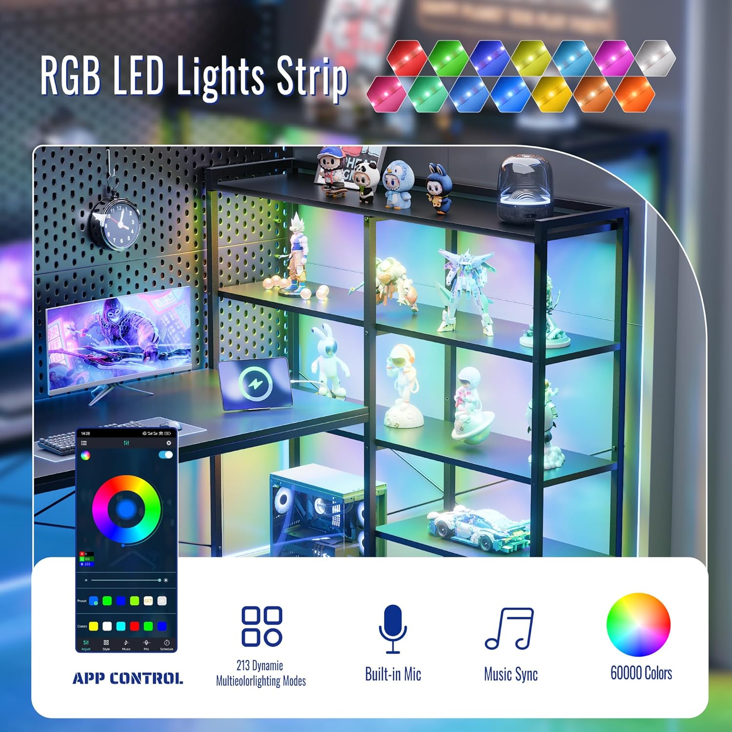 Alternative view of Pamray L Shaped Computer Desk with Reversible Side Storage Shelves, 49 Inch Gaming Desk with Power Outlets and Led Lights, PC Table for Home Office and Bedroom Black