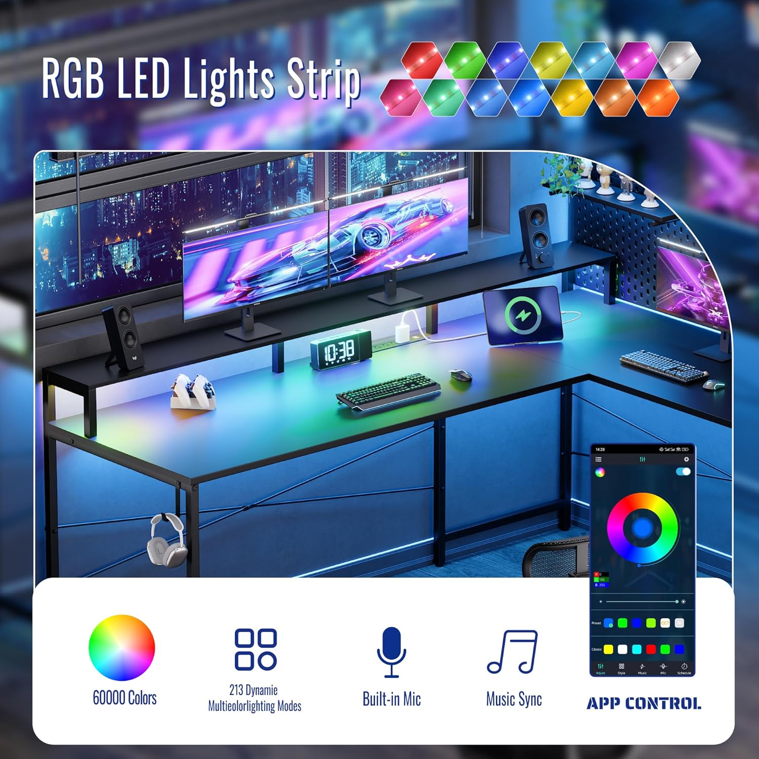 Alternative view of Pamray 64 Inch L Shaped Gaming Desk with Power Outlets and Led Lights, Large Corner Computer Desk with Monitor Stand and Pegboard, PC Table for Home Office and Bedroom White