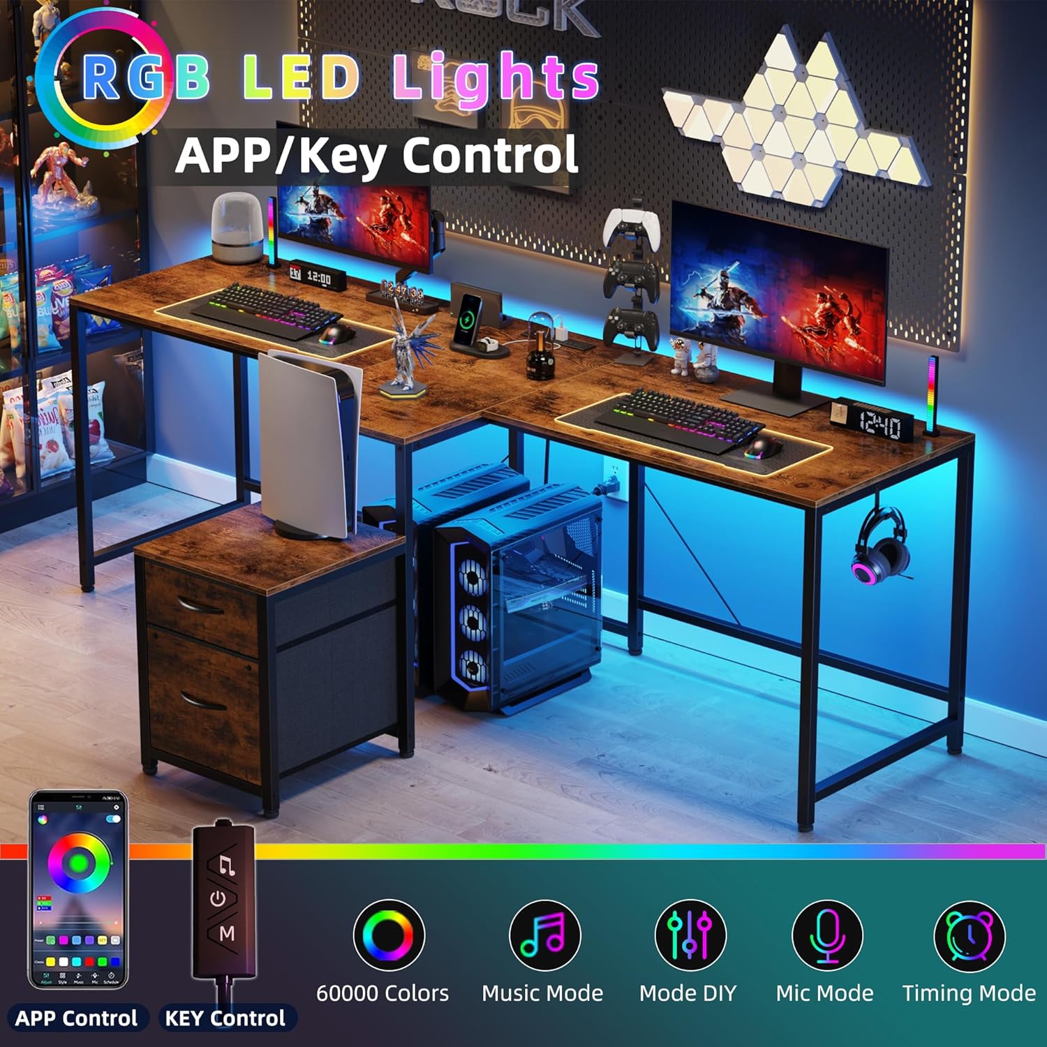 Alternative view of HIGDBFE T-Shaped 2 Person Desk with Power Outlet, Long Two Person Gaming Table with LED & Fabric Drawers, 81.2'' Computer Desks with File Cabinet, Double Workstation for Home Office, Rustic Brown