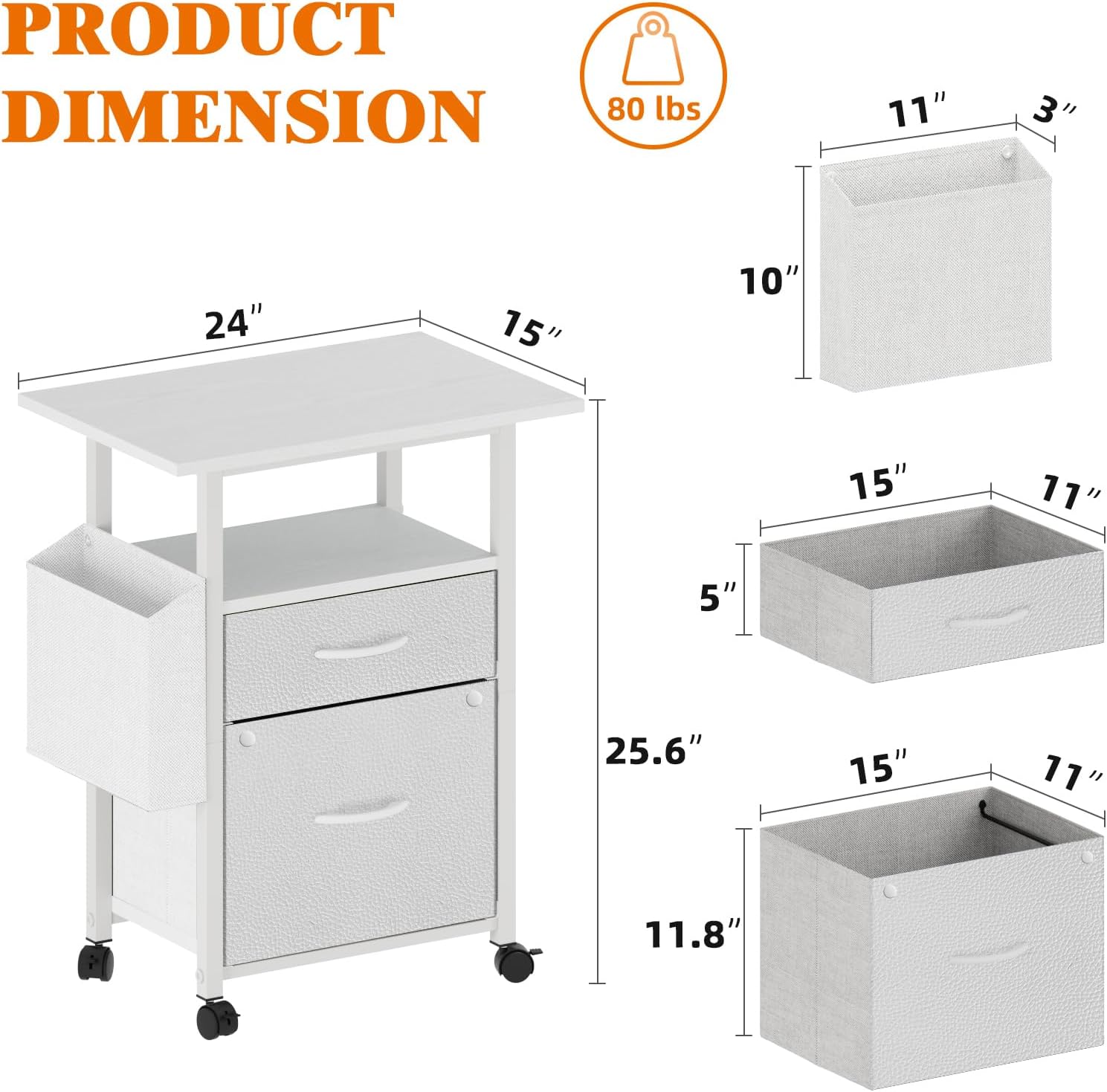 Alternative view of GYIIYUO 2 Drawer File Cabinet with 24'' Extended Desktop, Mobile Filing Cabinet, Rolling File Cabinet with Side Bag, Fabric Drawer, Fits A4/Letter Size, Printer Stand Home Office, White