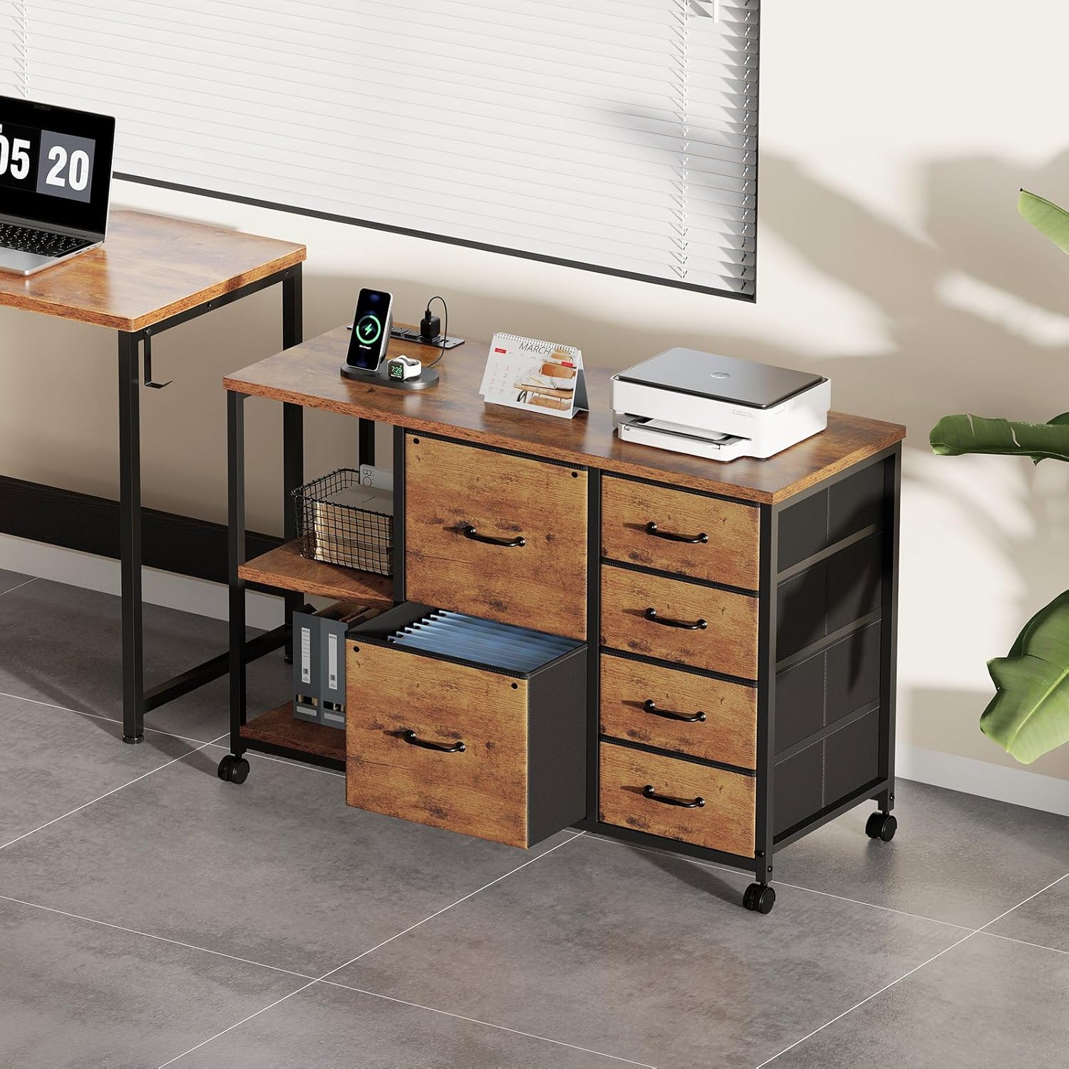 Maihail 6 Drawer File Cabinet with Charging Station Rolling Printer Stand with Open Storage Shelf Fabric Lateral Filing Cabinet for Home Office,Rustic Brown2