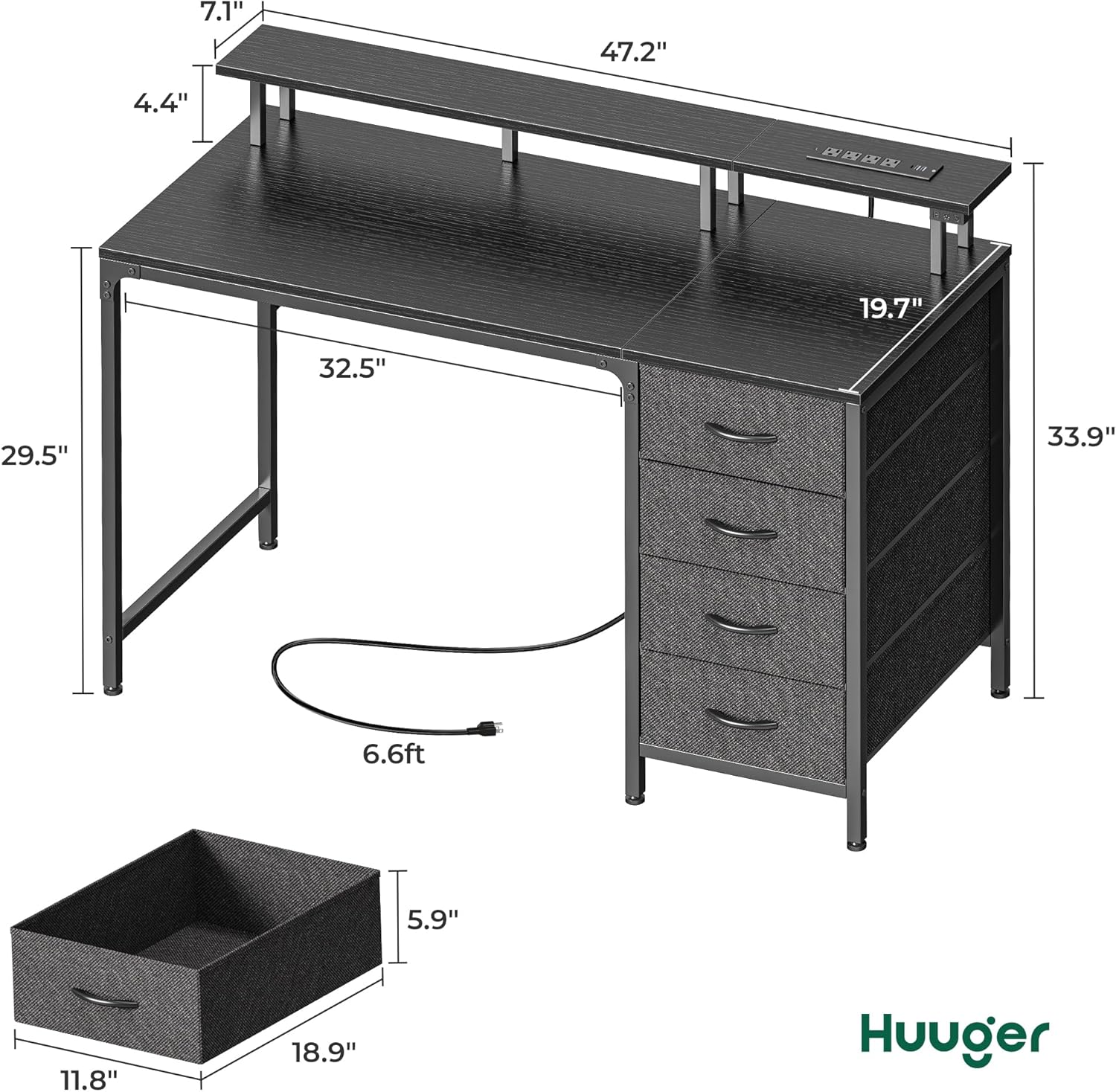 Huuger 47 Inch Computer Desk with Power Outlets and LED Lights, Gaming Desk with 4 Drawers, Office Desk with Monitor Stand, Study Work Home Office, Small Spaces, Black