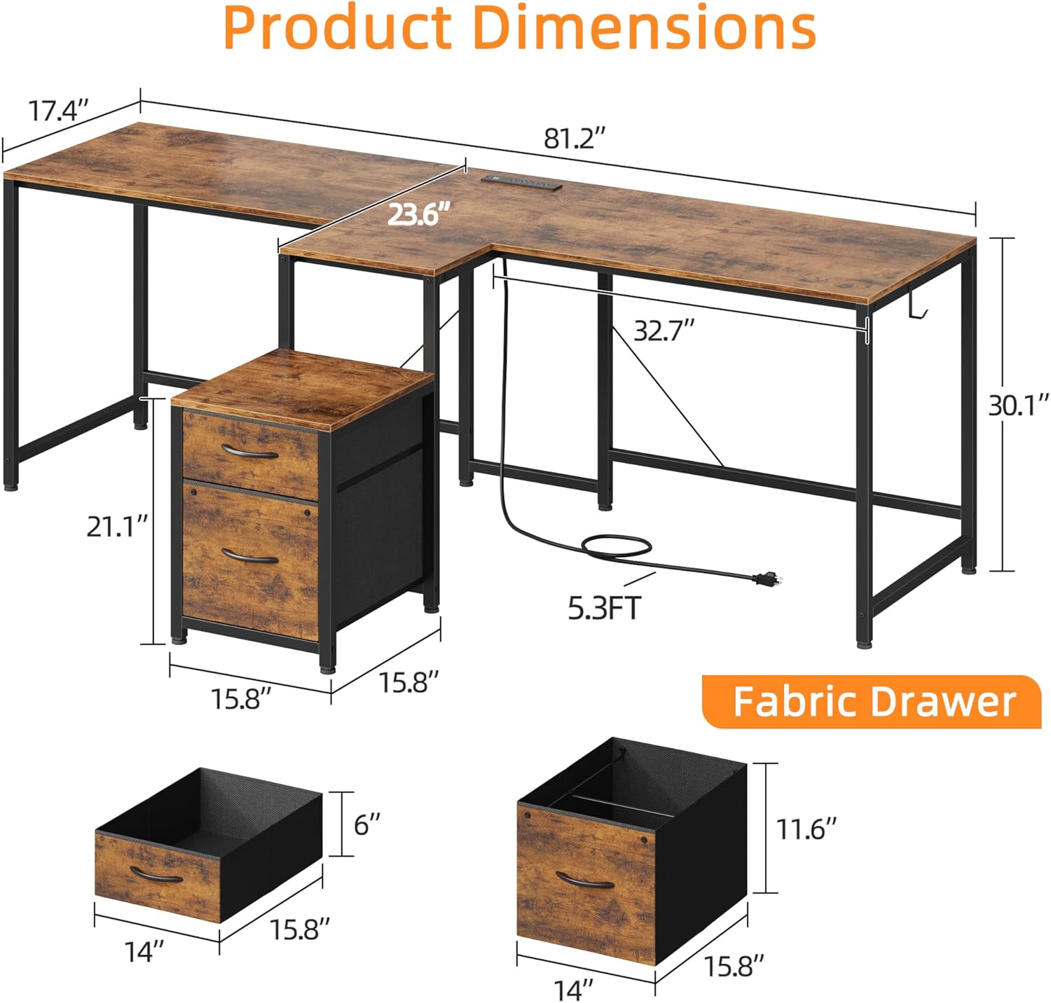 HIGDBFE T-Shaped 2 Person Desk with Power Outlet, Long Two Person Gaming Table with LED & Fabric Drawers, 81.2'' Computer Desks with File Cabinet, Double Workstation for Home Office, Rustic Brown